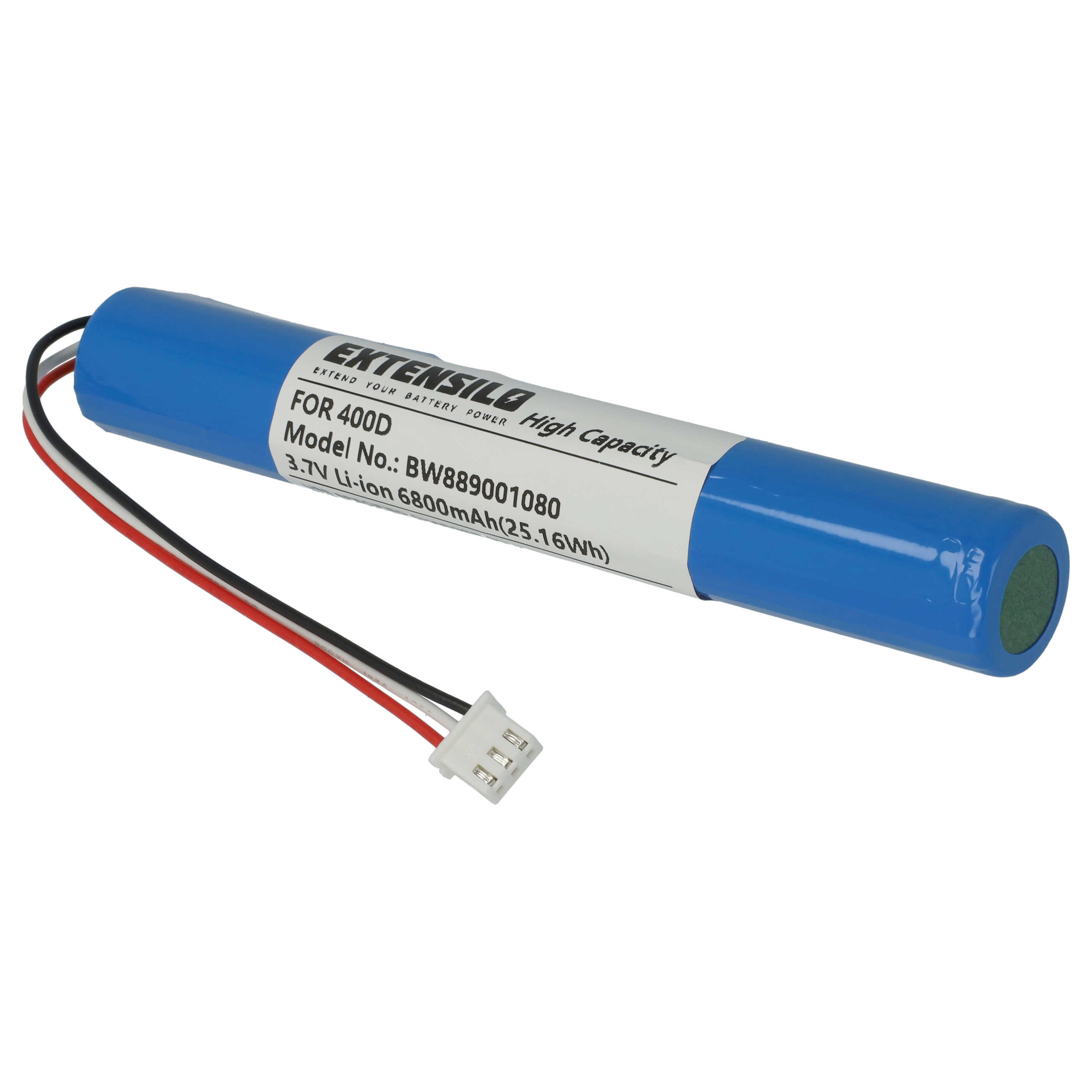 Blaue zylindrische Extensilo-Lithium-Ionen-Batterie mit weißem Etikett, roten, schwarzen und weißen Drähten und Stecker.