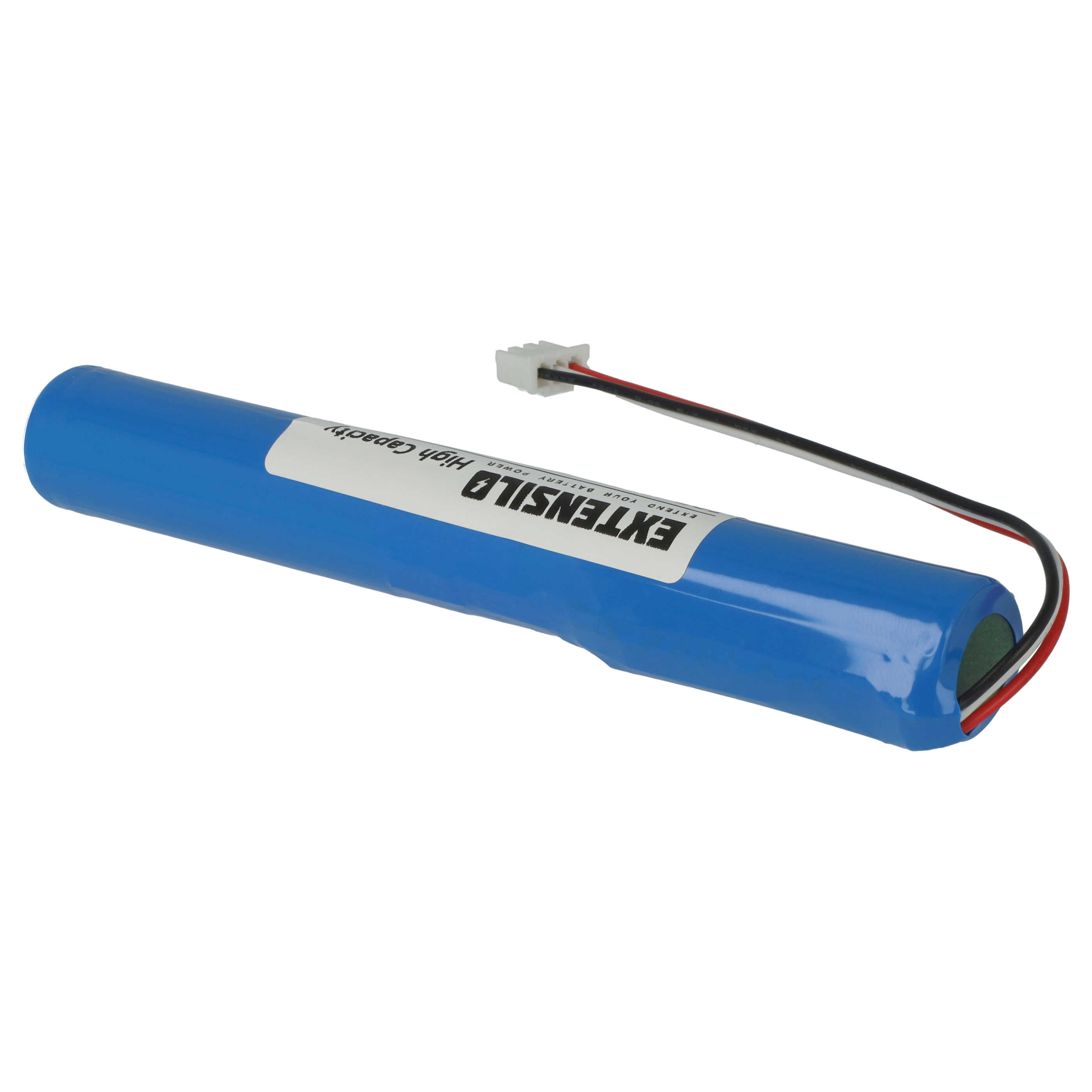 Ein blauer zylindrischer Akku mit einem Etikett und einem weißem Stecker mit roten und schwarzen Kabeln.