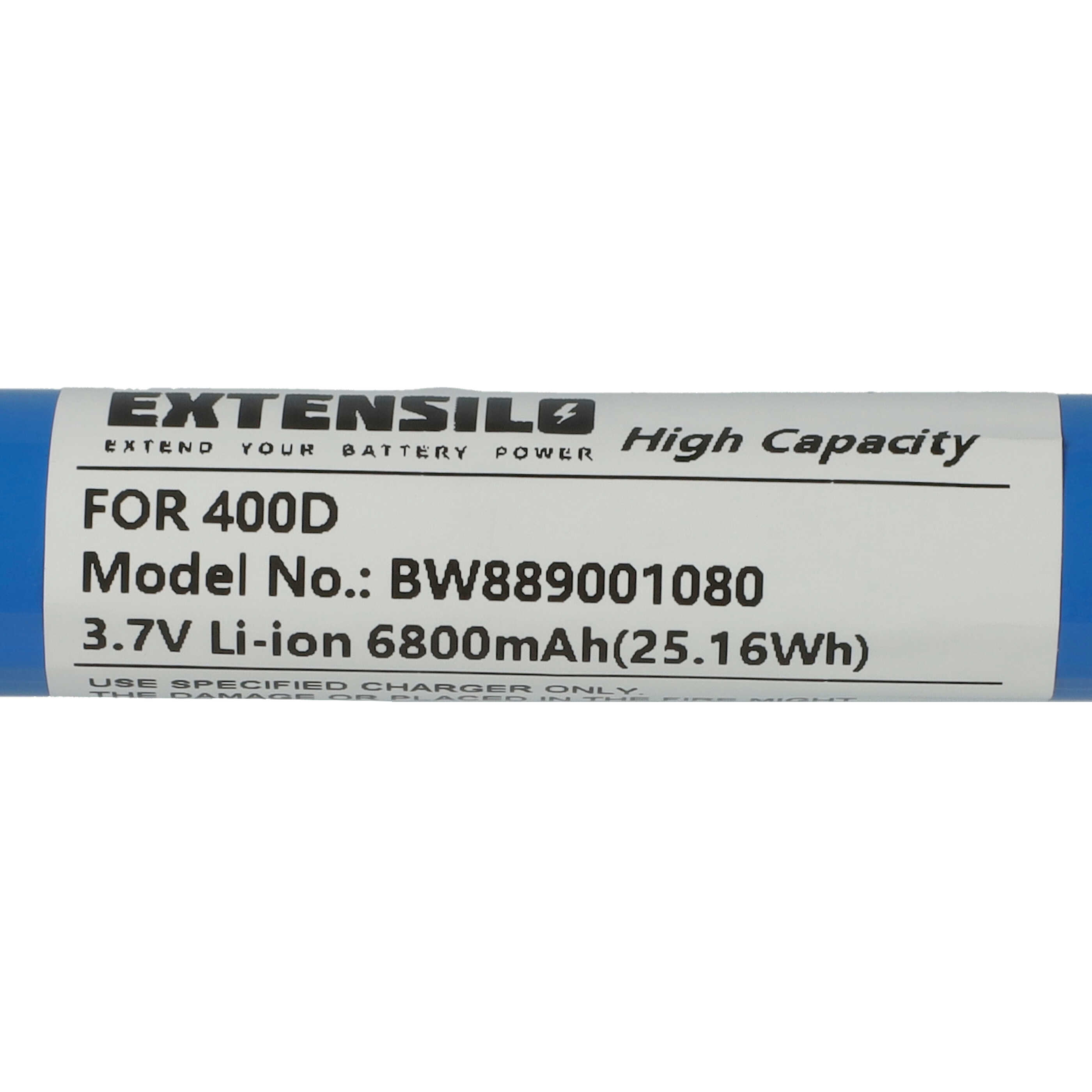 Etikett auf einer blauen Batterie mit Aufschrift EXTENSILO High Capacity, Model No. BW889001080, 3.7V Li-ion 6800mAh.