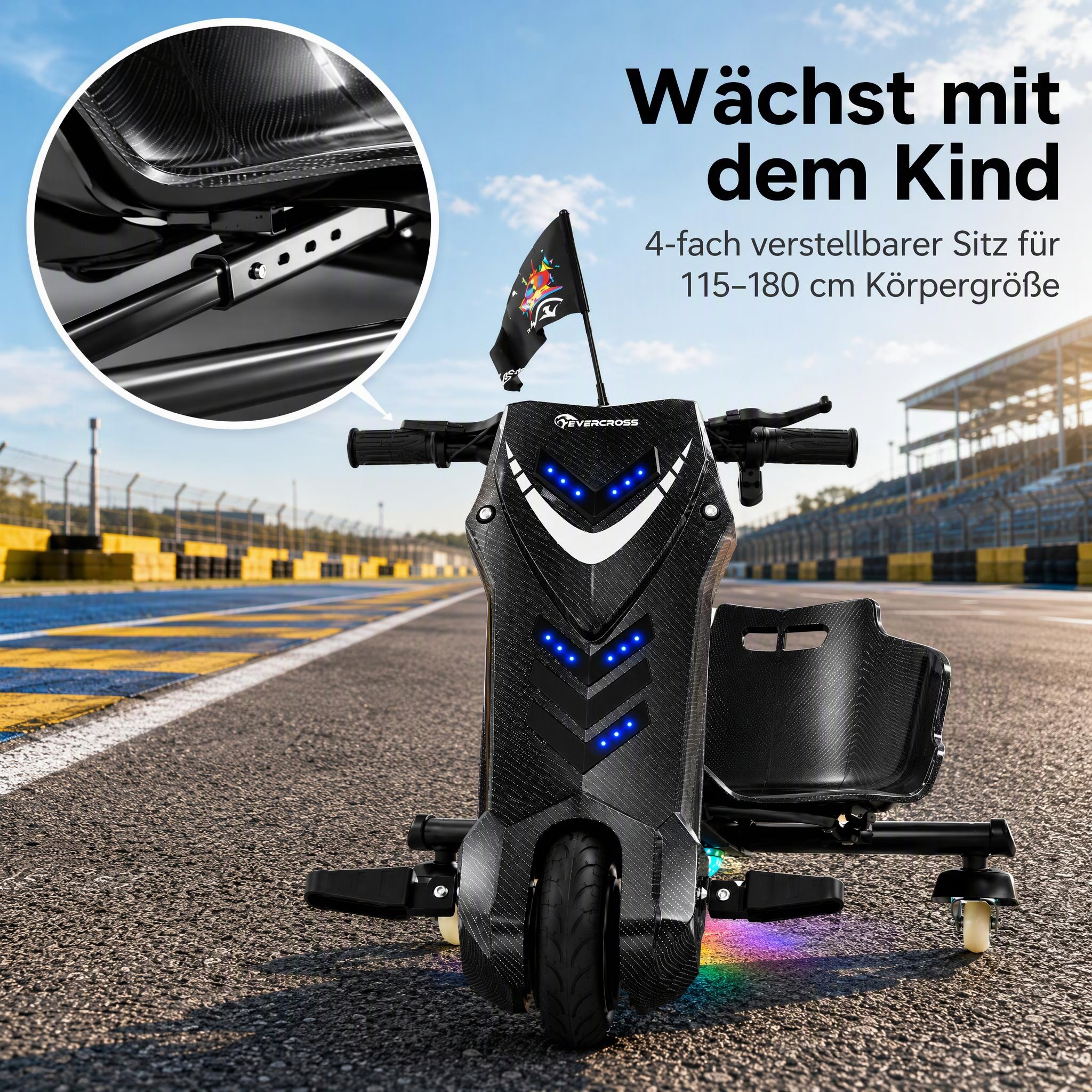 Schwarzes Go-Kart auf Rennstrecke mit verstellbarem Sitz für Kinder.