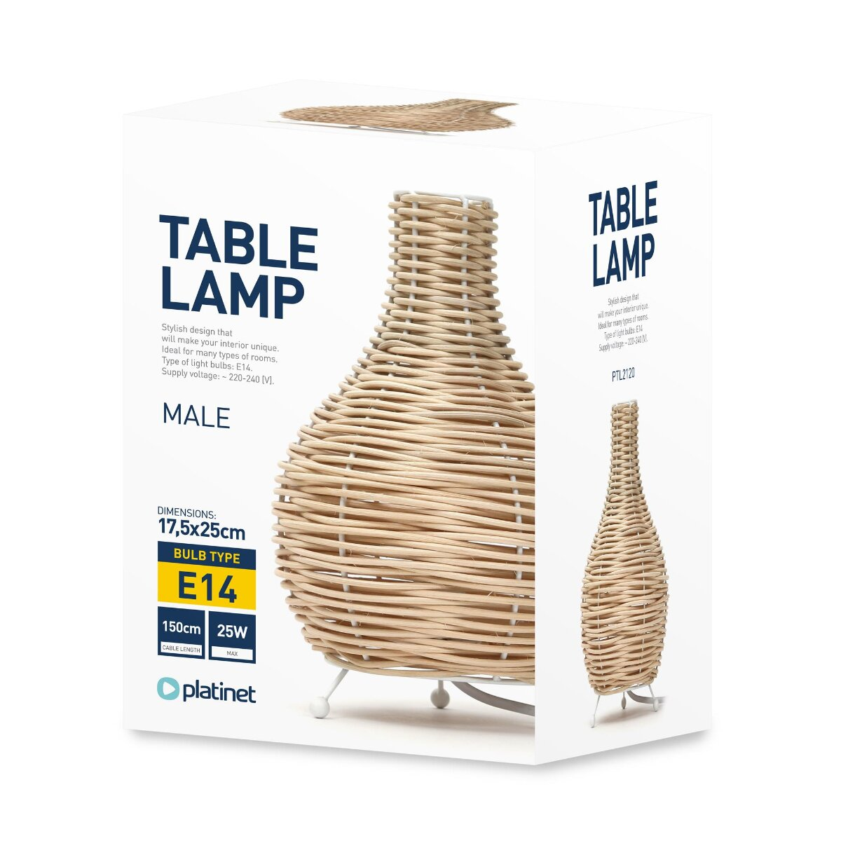 Produktverpackung einer gewebten Tischlampe mit blauer und gelber Beschriftung.