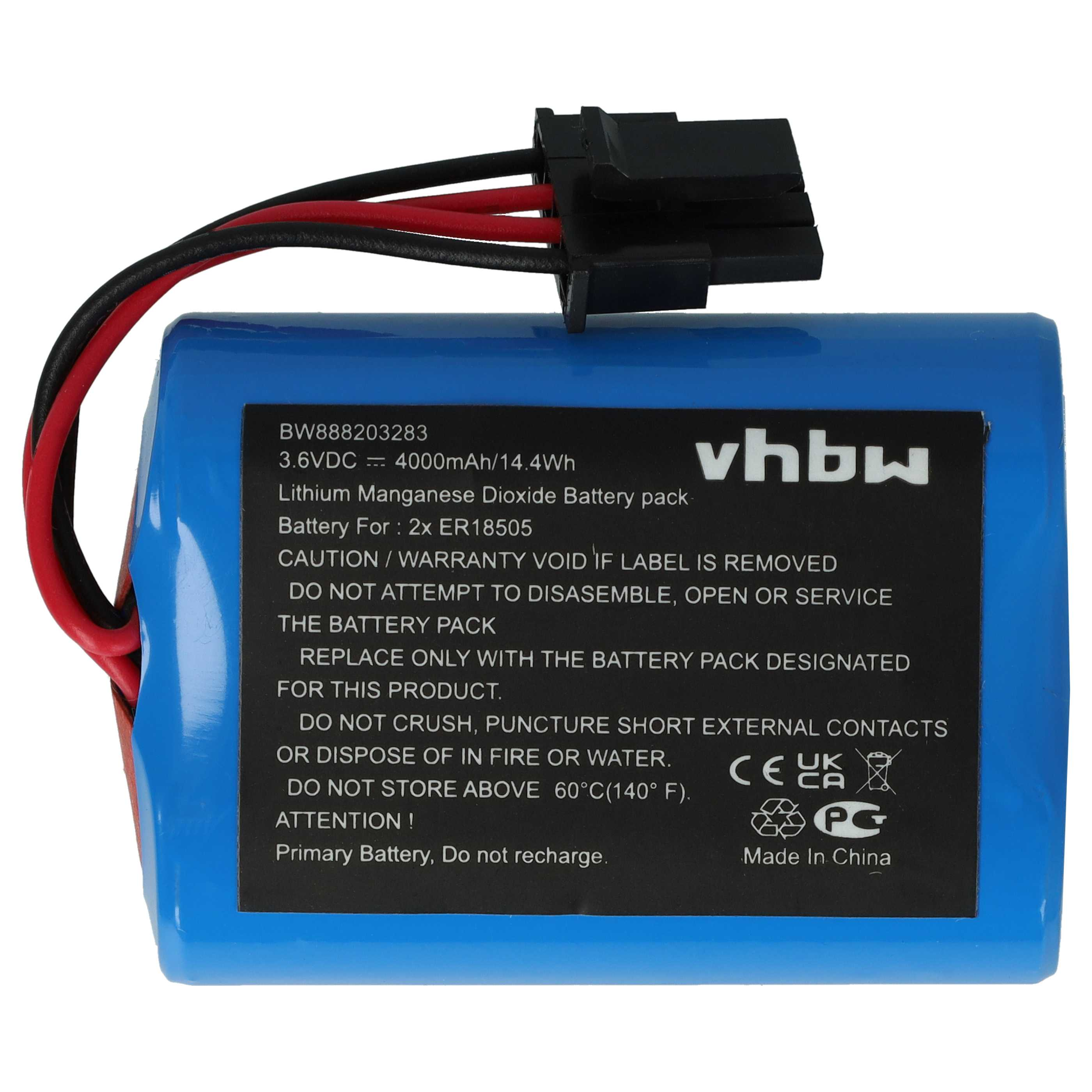 Ein blauer vhbw Lithium-Mangan-Dioxid-Akku mit roten und schwarzen Kabeln und schwarzem Stecker vor weißem Hintergrund.