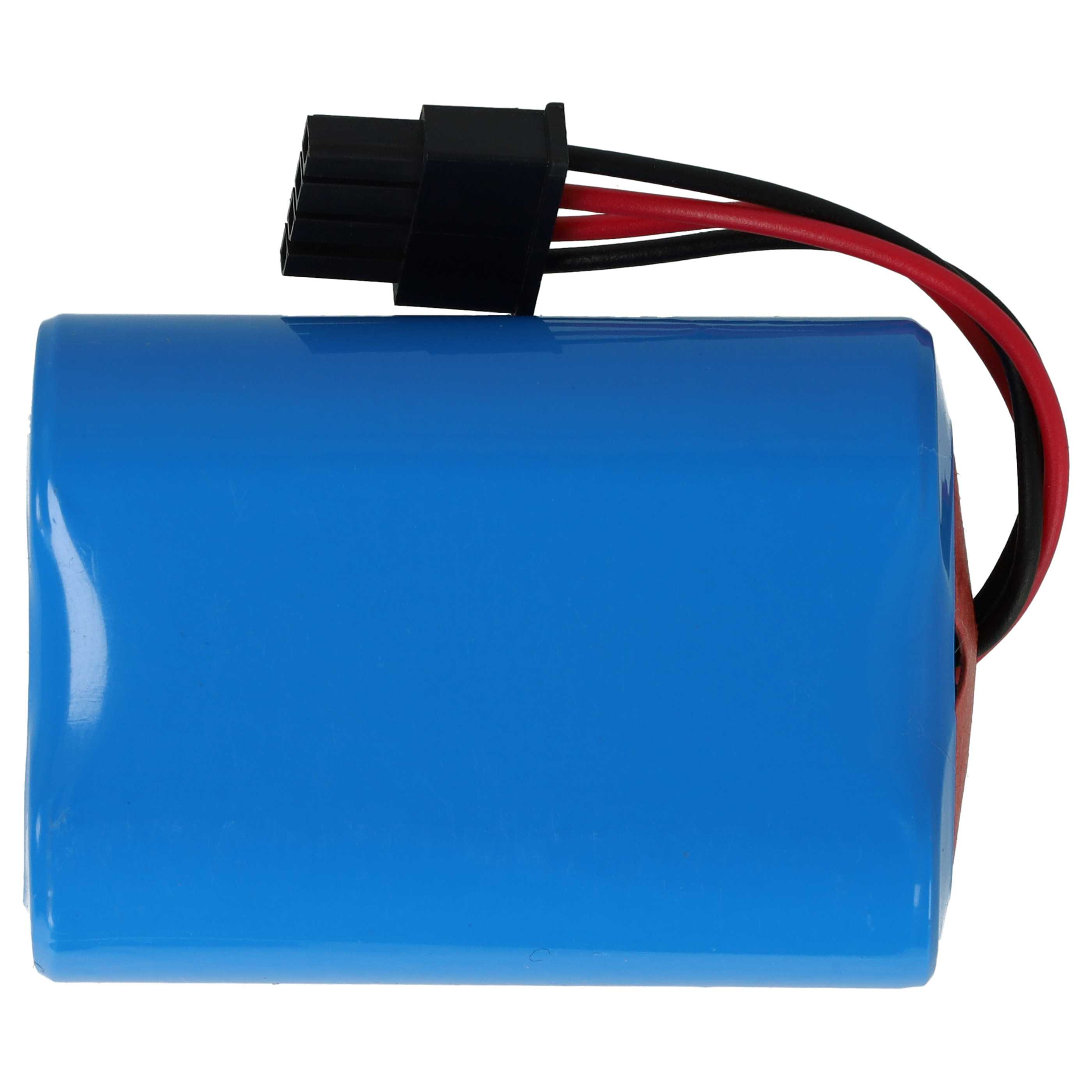 Ein blauer Akkupack mit einem schwarzen und roten Kabel und einem Steckverbinder auf weißem Hintergrund.