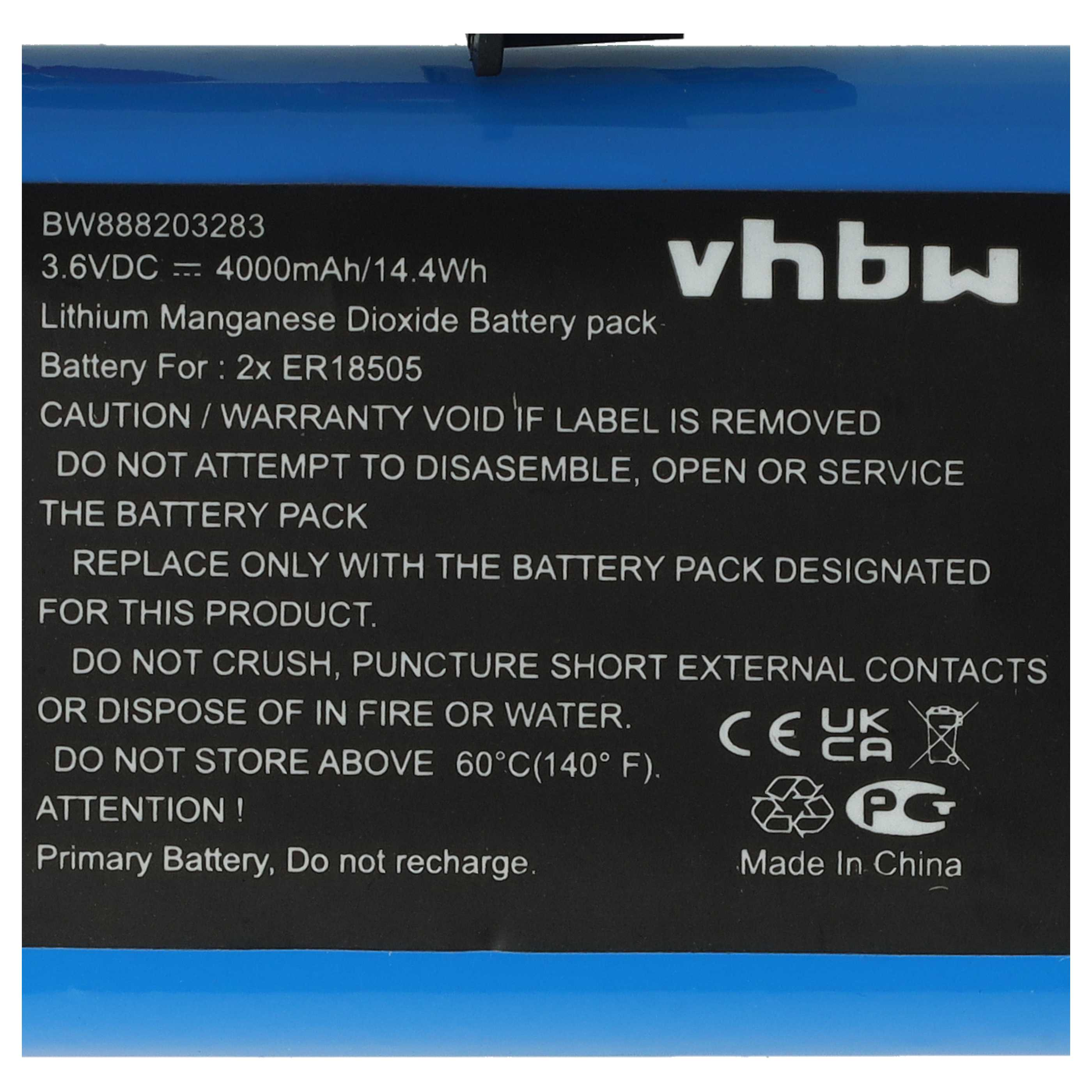 Ein schwarzes Etikett auf einem blauen vhbw Lithium-Mangan-Dioxid-Akkupack mit technischen Daten und Warnhinweisen.