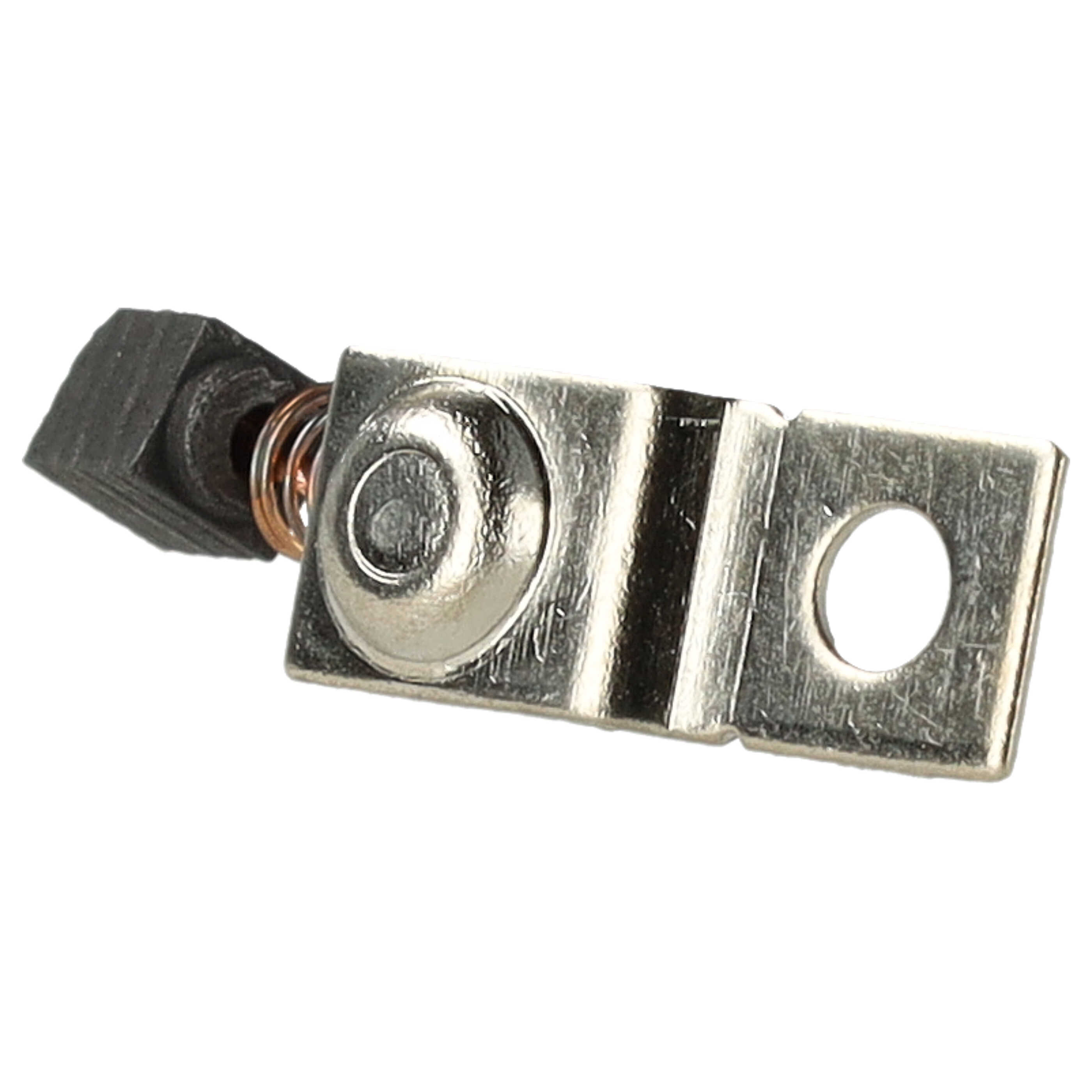 Eine Kohlebürste mit einer Kupferfeder und einem Metallhalter auf weißem Hintergrund.