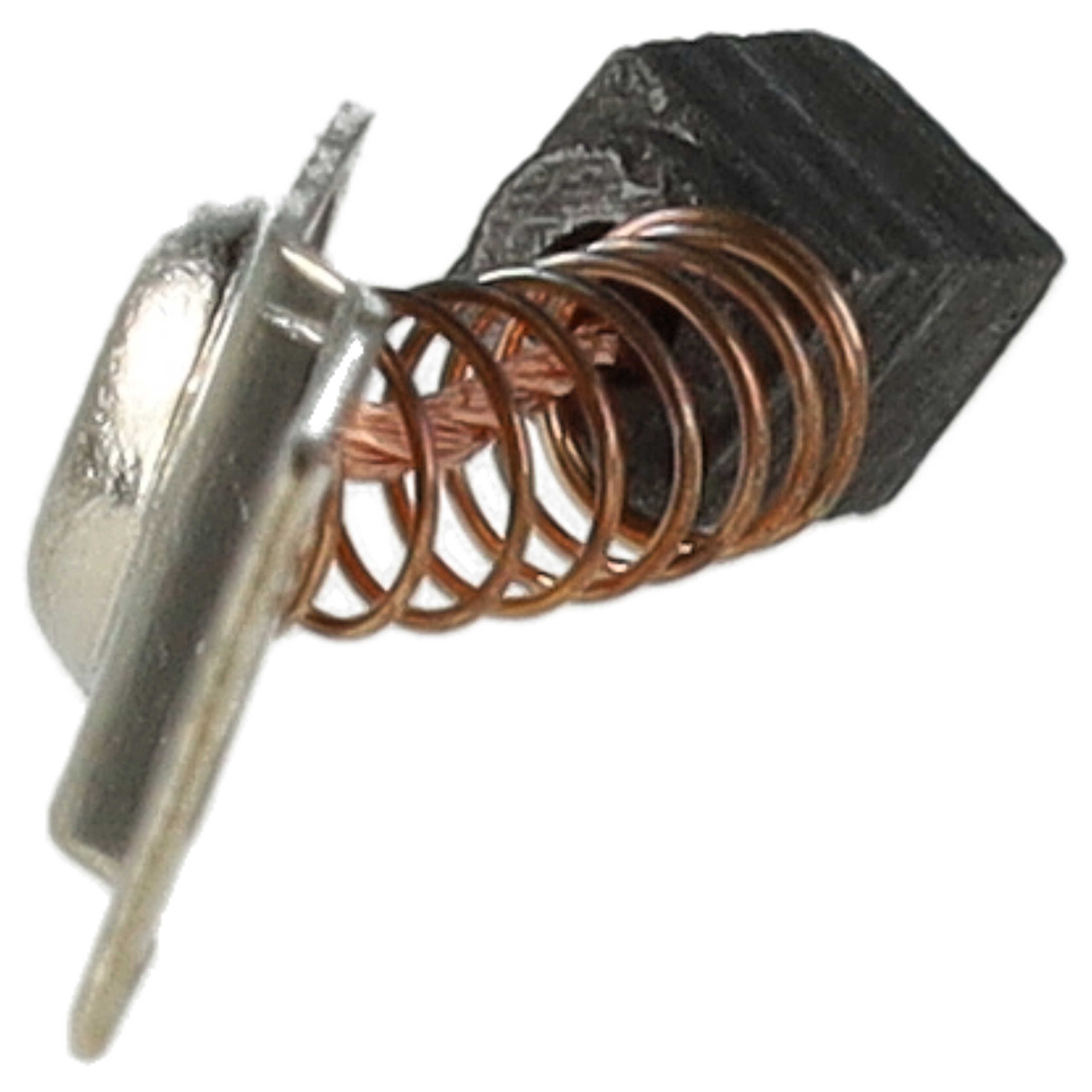 Eine Graphitbürste mit Kupferfeder und Metallkappe vor weißem Hintergrund.