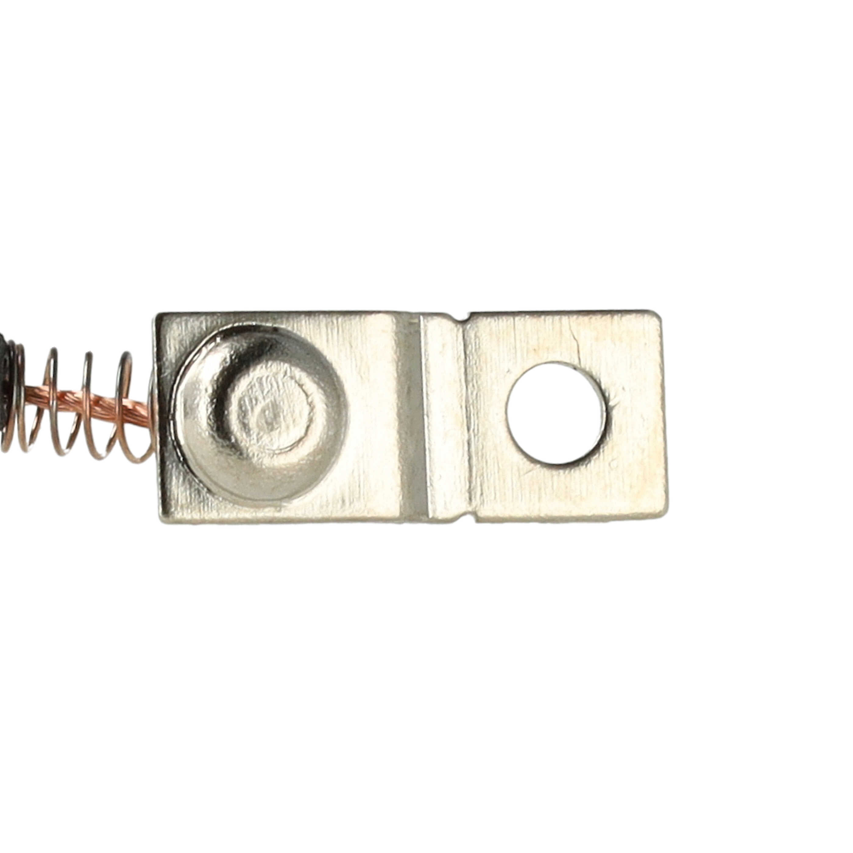 Metallkontaktplatte mit Feder und Kupferlitze auf weißem Grund.