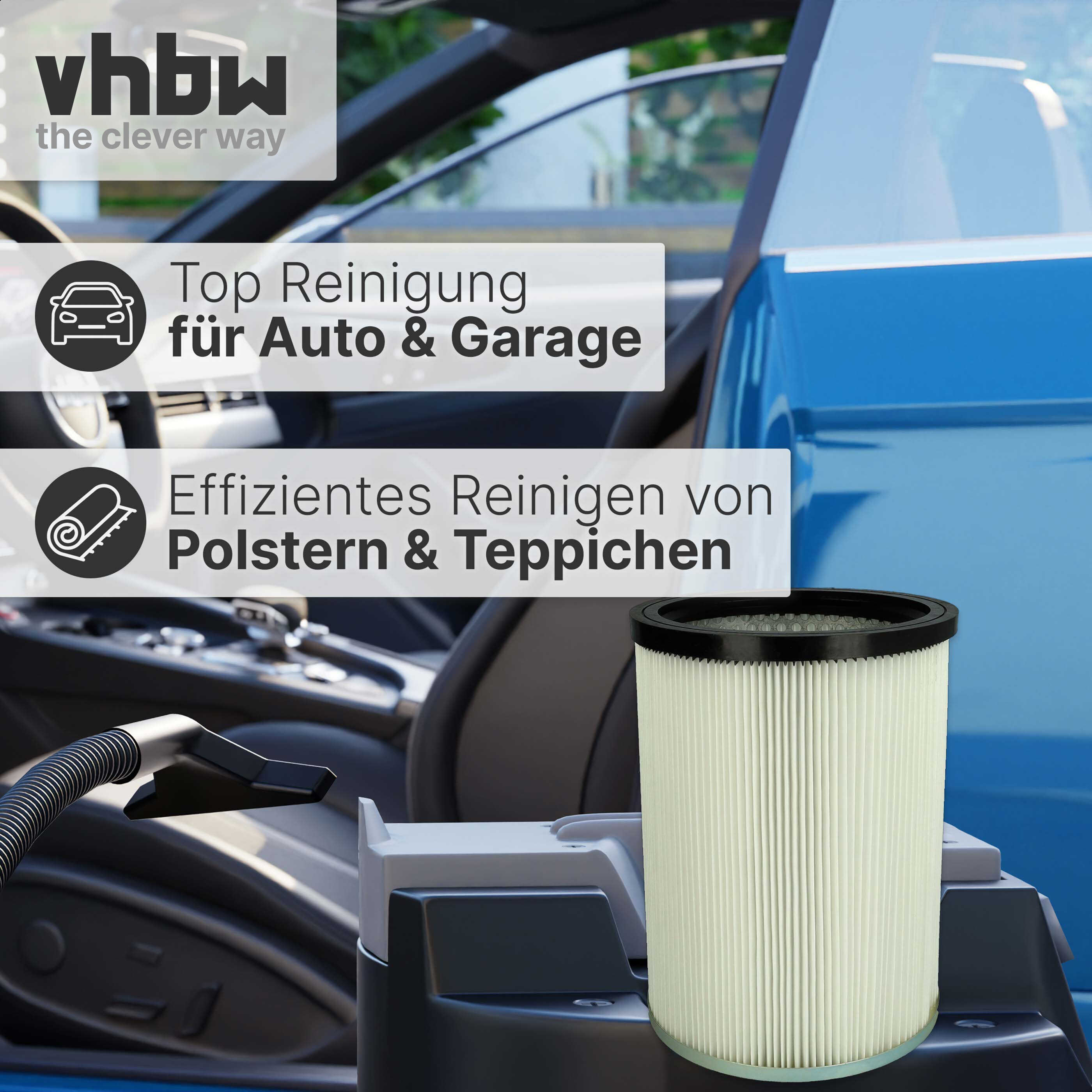 Staubsaugerfilter in einer Autowerkstatt mit Reinigungstext.