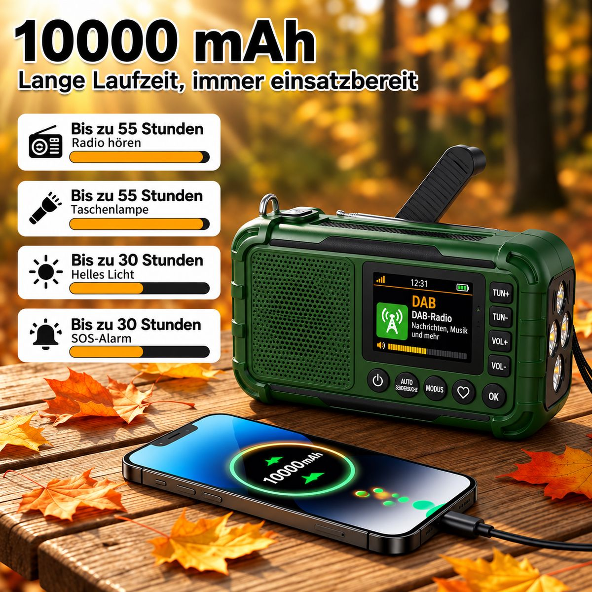 Grünes Notfallradio lädt ein Smartphone auf einem Holztisch mit Herbstlaub auf.