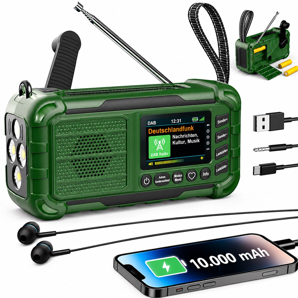 Grünes Notfallradio mit Taschenlampe, Handkurbel, Solarpanel, Display, Kopfhörern, Kabeln und Akku.