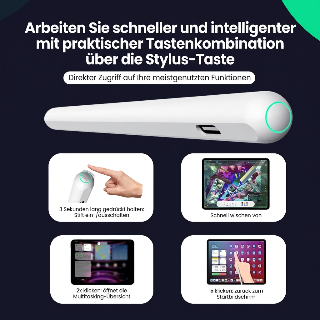 Graphic shows a white stylus and four instructional images with German text explaining button functions.