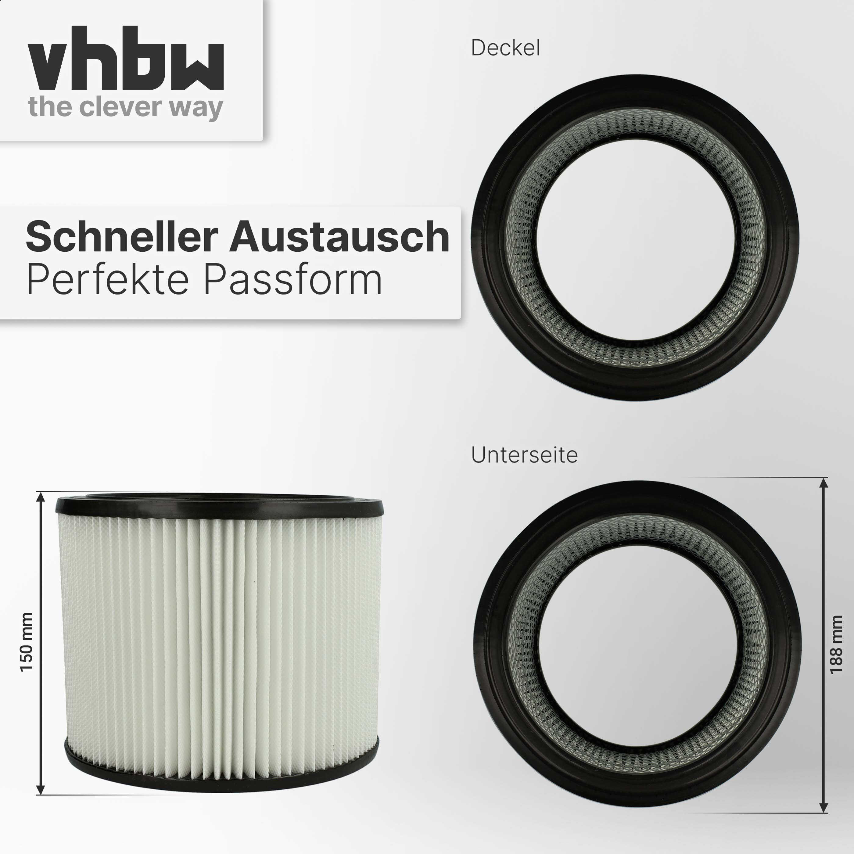 Zylinderförmiger weißer Filter mit vhbW Logo, Maßen und Ansichten von Deckel sowie Unterseite.