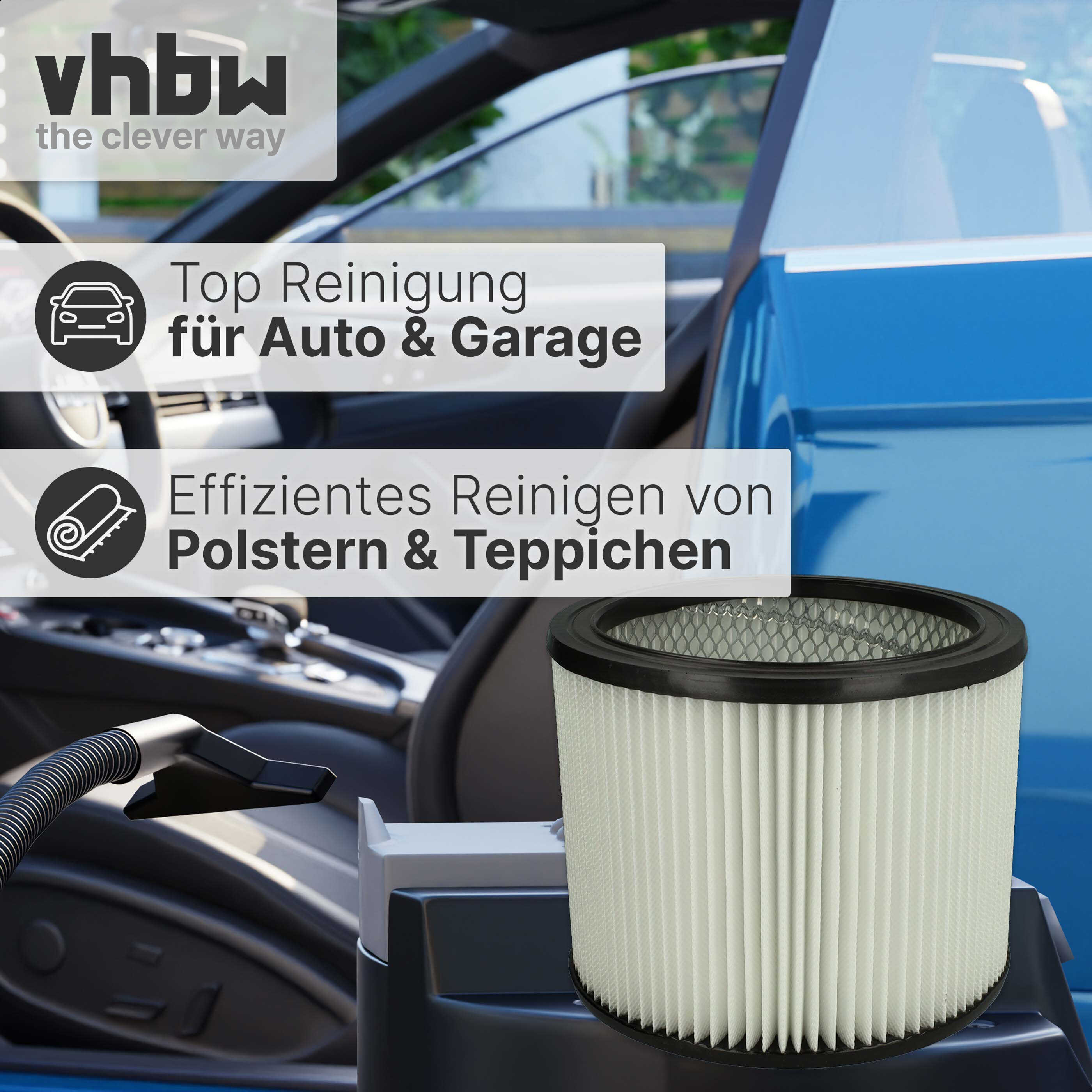 Runder Faltenfilter vor Auto-Innenraum, mit Textfeldern für Reinigung von Polstern und Teppichen.