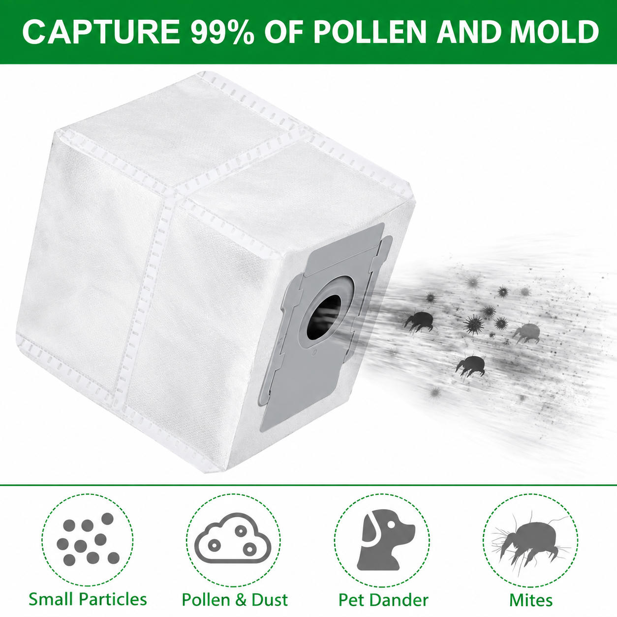 A white dust bag captures particles, with icons below for dust, pollen, pet dander, and mites.