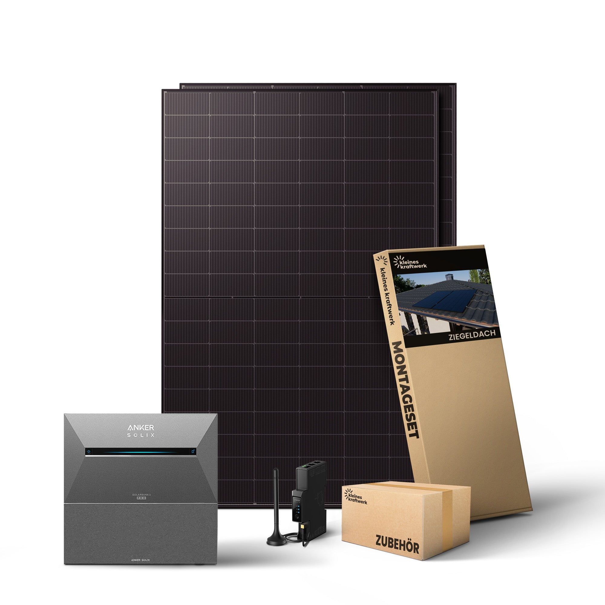 Solaranlage mit Solarmodulen, Wechselrichter, Zubehör und Montageset auf weißem Hintergrund.