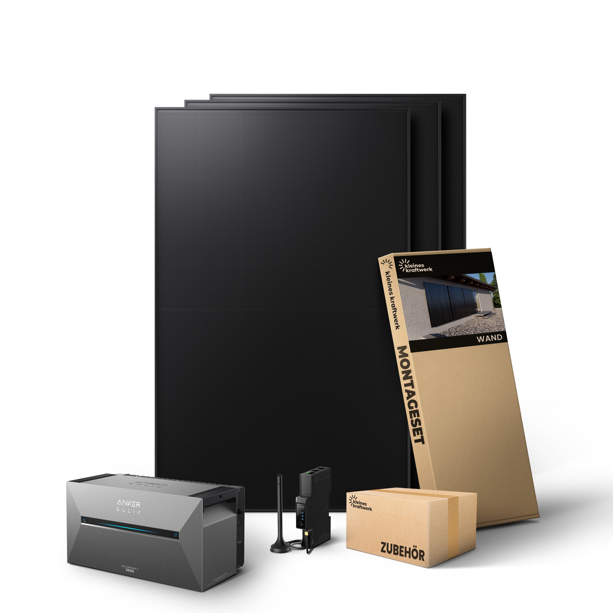 Solarmodule, Anker Solix Speicher, Zubehörbox und ein Montagepaket auf weißem Grund.
