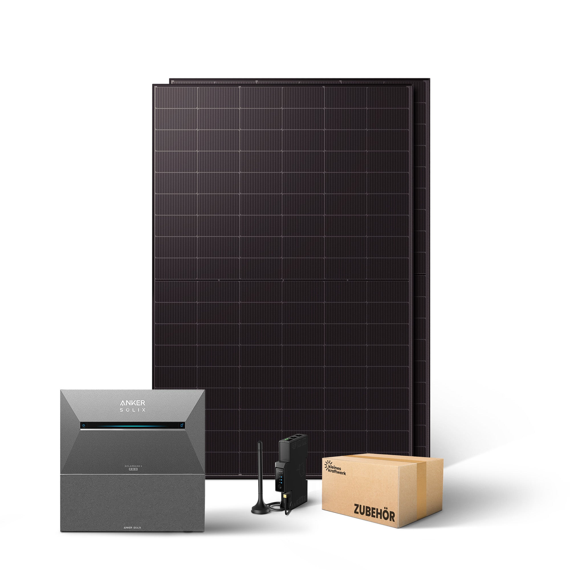 Solaranlage mit Anker Solix Powerstation, Wechselrichter und Karton mit Aufschrift ZUBEHÖR vor weißem Hintergrund.