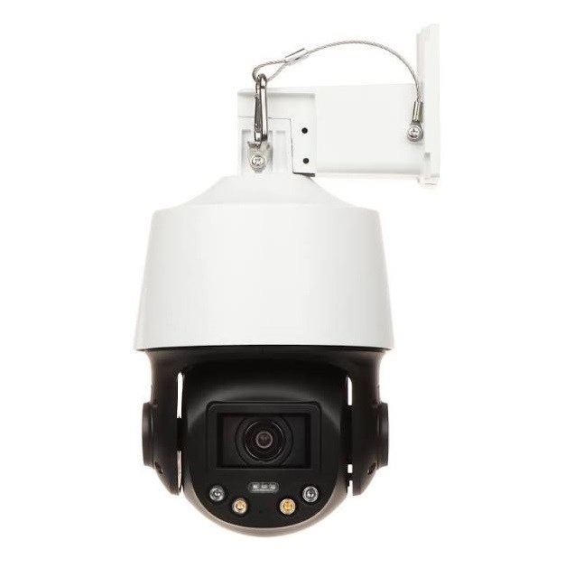 A white PTZ security camera with a black lens section and a wall mount against a white background.