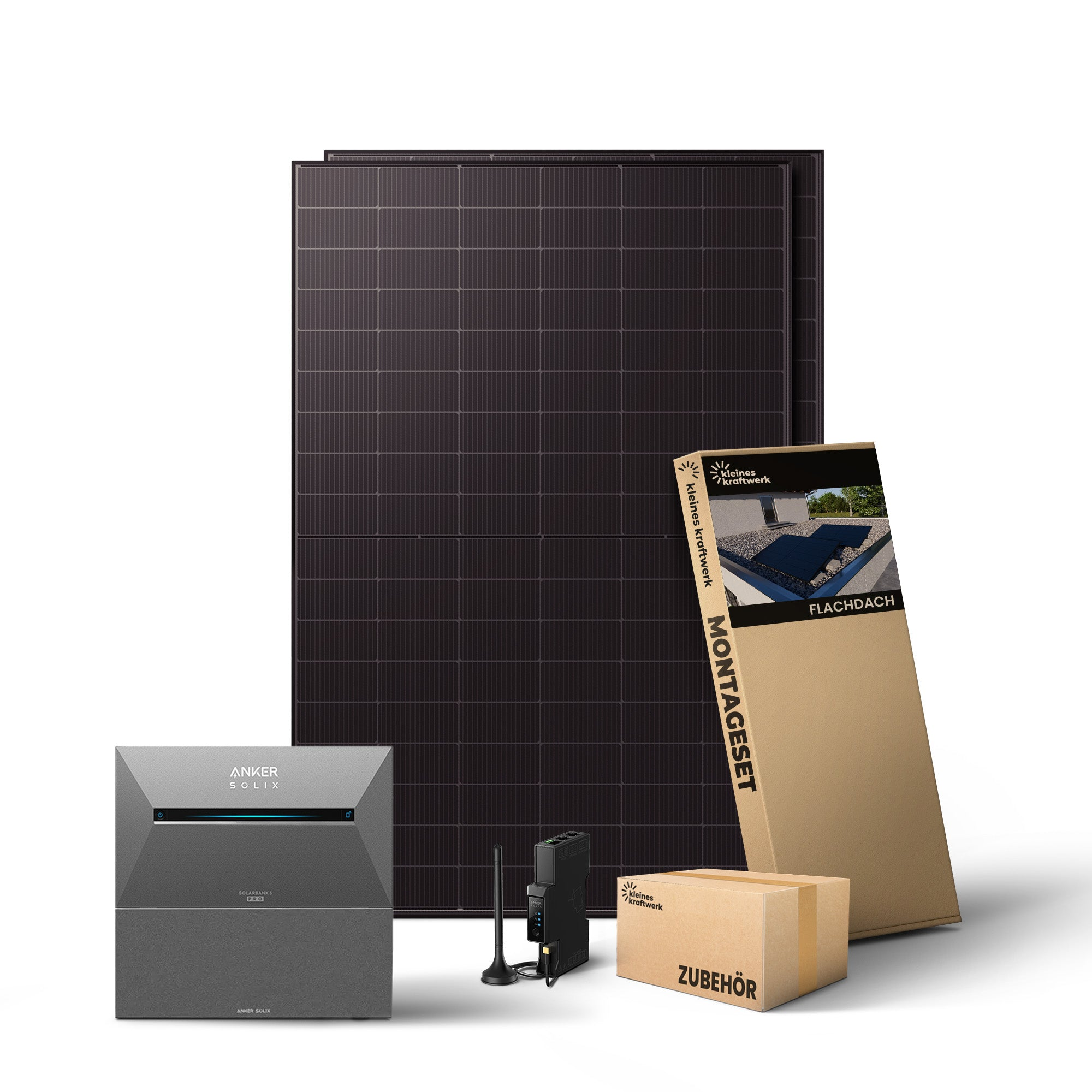 Solarset mit zwei Modulen, Anker Solix Speicher, Zubehörbox und Montagepaket auf weißem Hintergrund.