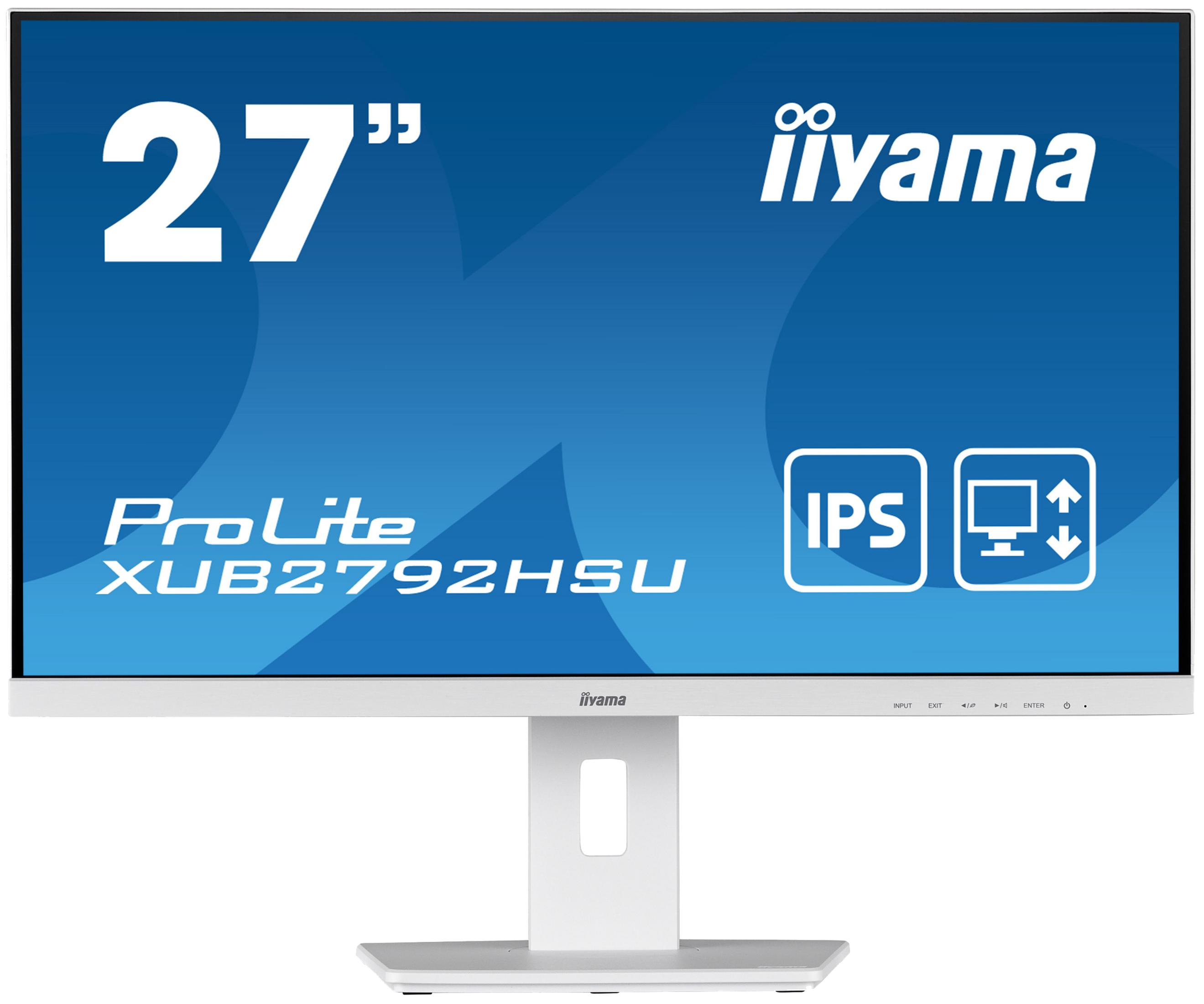 Ein weißer Iiyama 27 Zoll Monitor mit IPS-Display auf weißem Standfuß.