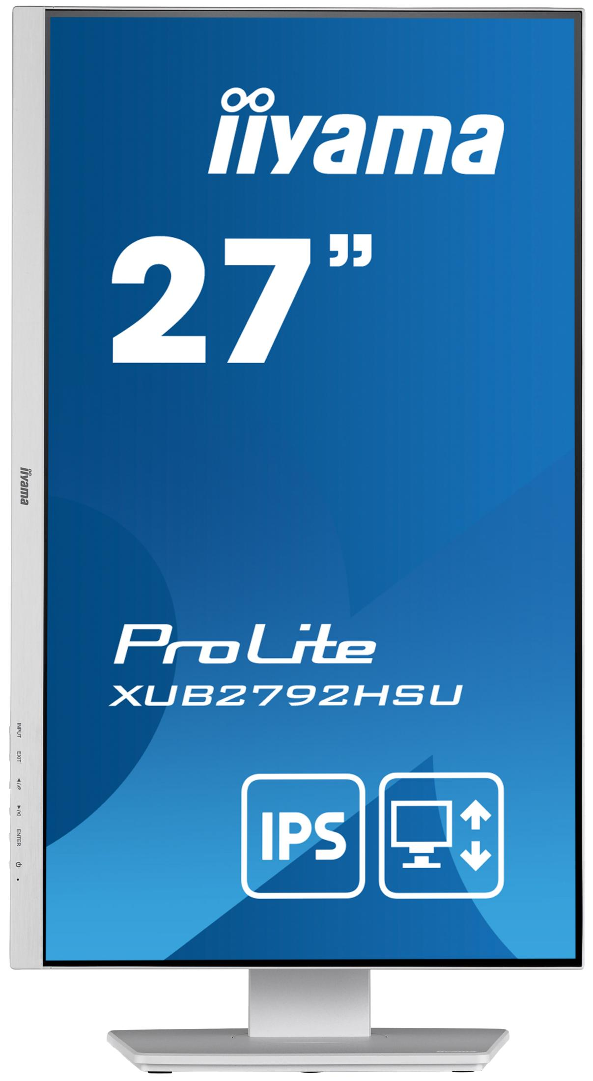 Ein schwarzer iiyama 27-Zoll ProLite Monitor mit silbernem Standfuß und IPS-Display auf blauem Werbebildschirm.