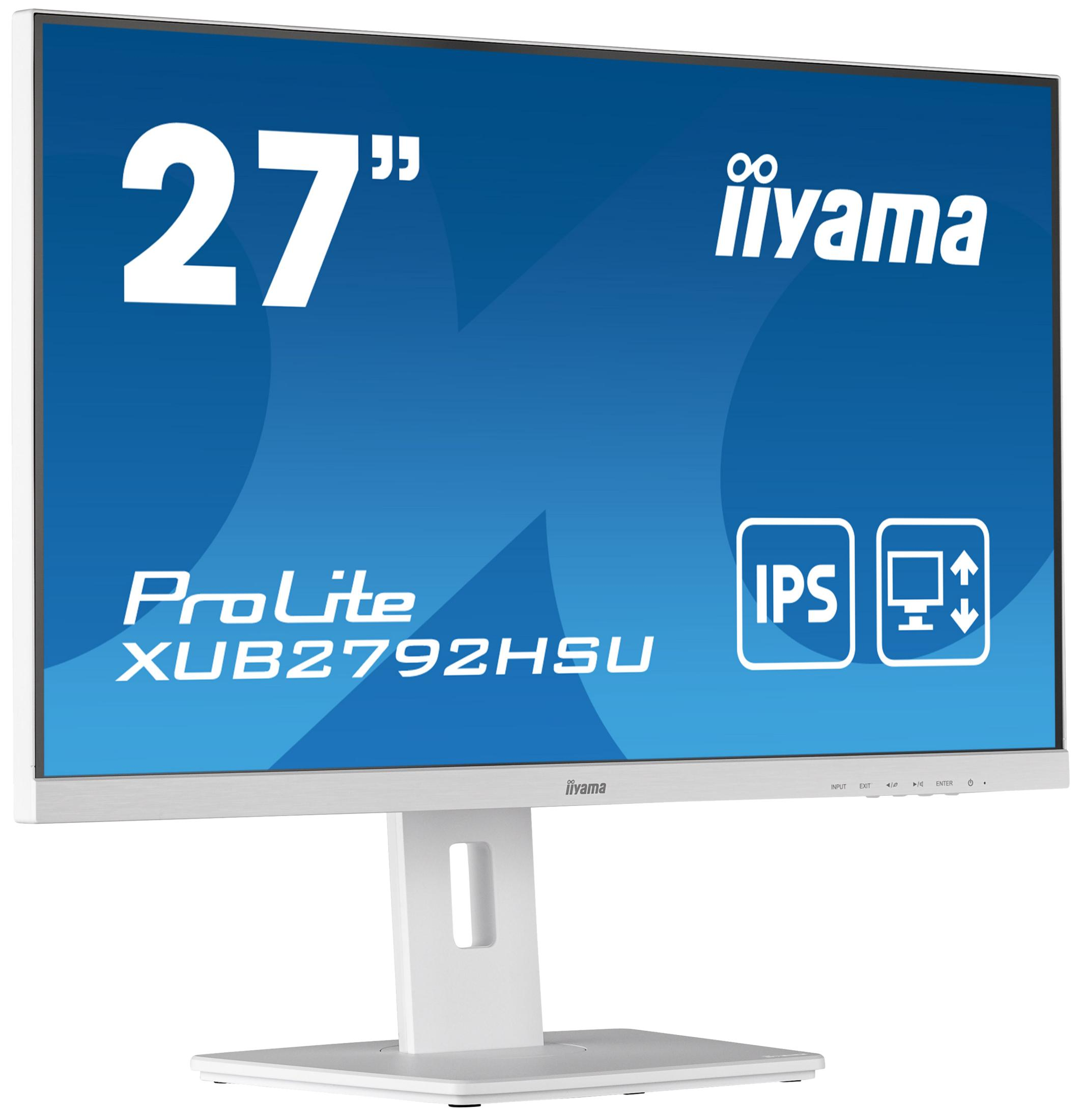 Ein weißer iiyama ProLite 27-Zoll-Monitor mit IPS-Display und verstellbarem Standfuß vor weißem Hintergrund.
