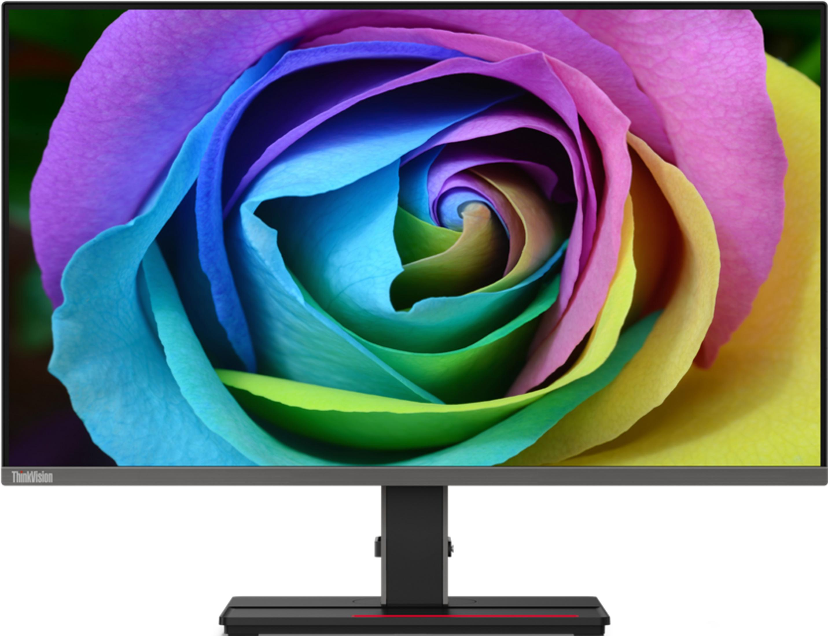 Un monitor ThinkVision que muestra un fondo de pantalla vibrante de una rosa arcoíris.