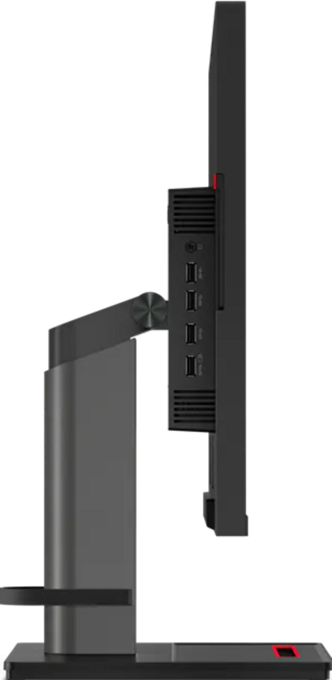Vista lateral de un monitor negro con soporte y puertos USB visibles.