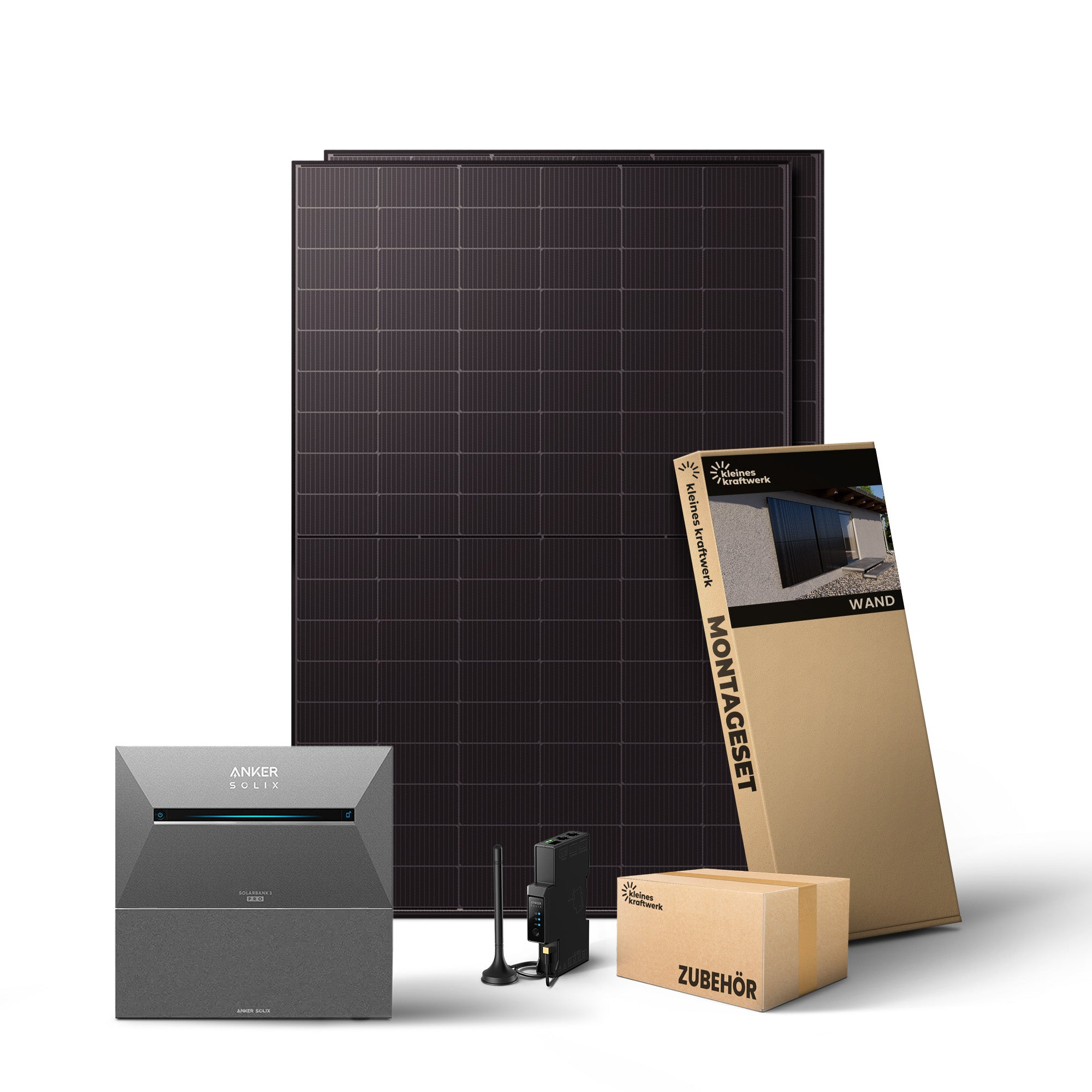 Zwei schwarze Solarmodule, ein Anker Solix Wechselrichter, Montageset und Zubehörkarton auf weißem Hintergrund.