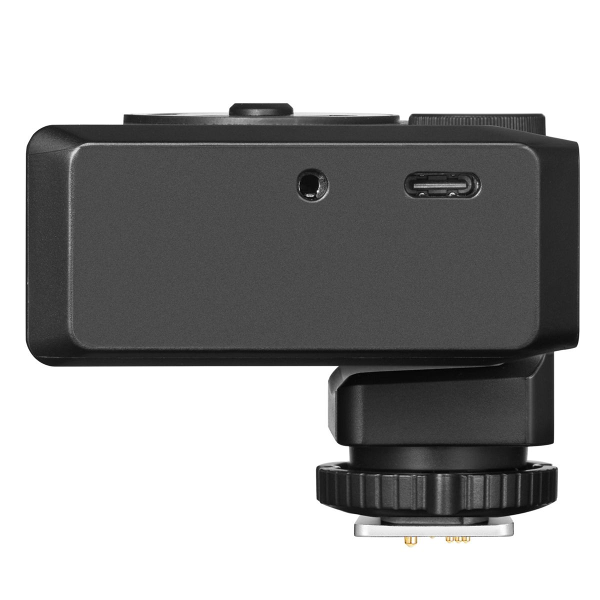 Widok boczny czarnego urządzenia z gniazdem audio i portem USB-C na stopce.