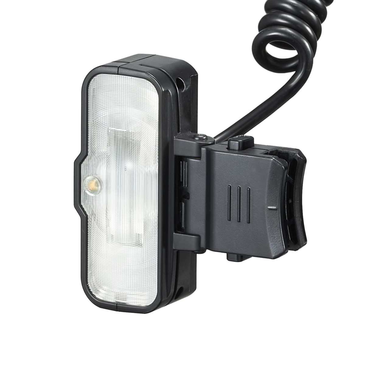 Czarna, prostokątna lampa robocza z fakturowaną soczewką, klipsem montażowym i spiralnym kablem.