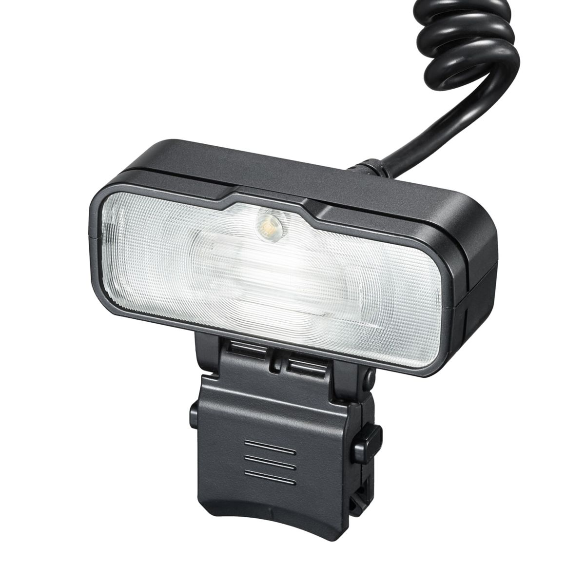 Czarna lampa robocza LED z klipsem i kablem spiralnym na białym tle.