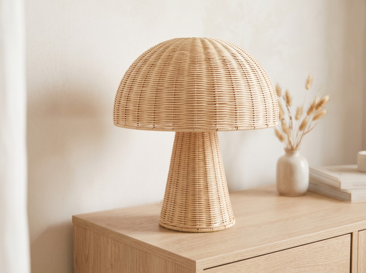 Pleciona rattanowa lampa w kształcie grzybka stoi na drewnianej komodzie obok wazonu z suszonymi kwiatami.