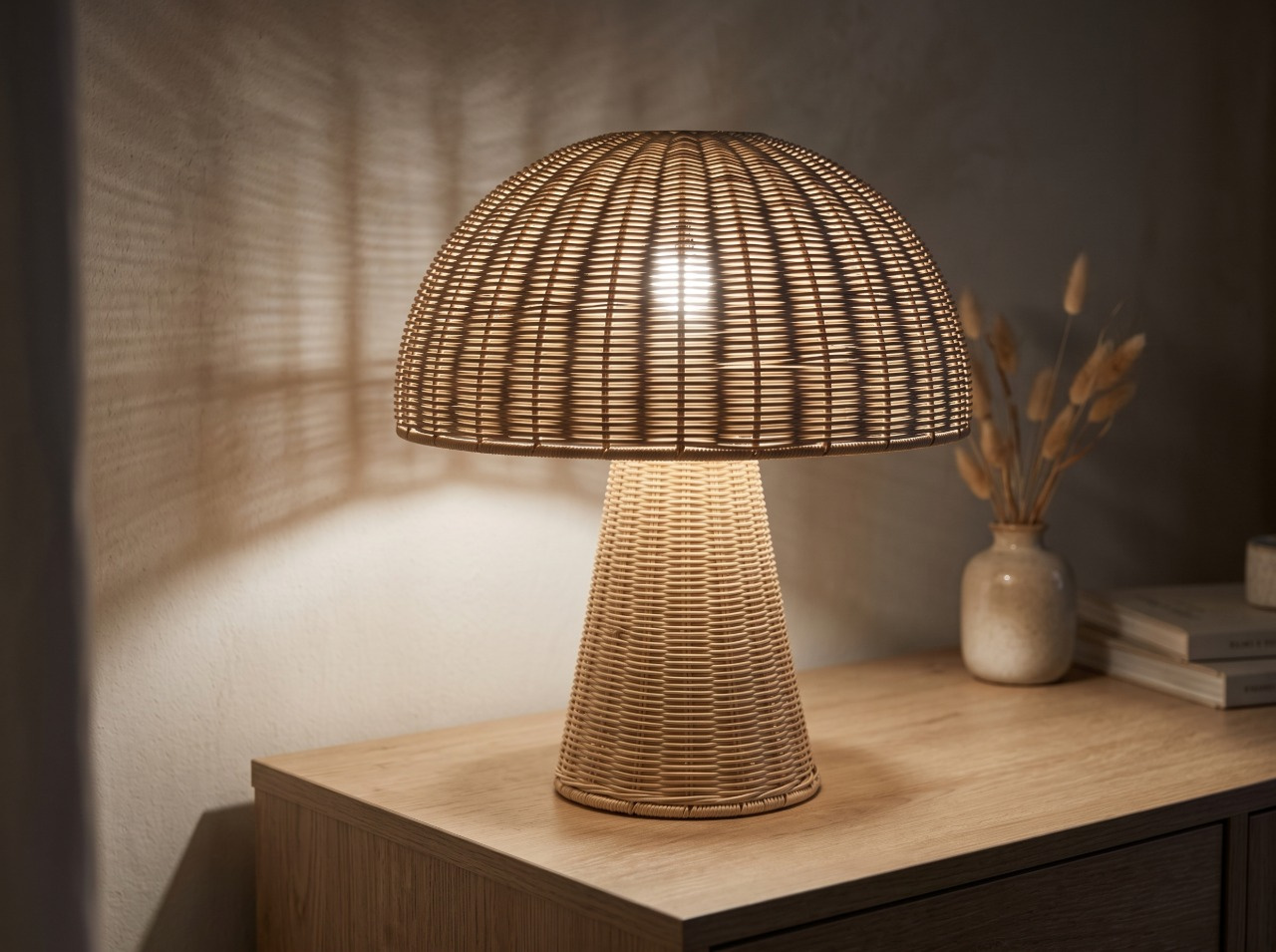 Lampa stołowa z rattanu w kształcie grzyba świeci na drewnianej szafce, z suszonymi kwiatami i książkami w tle.