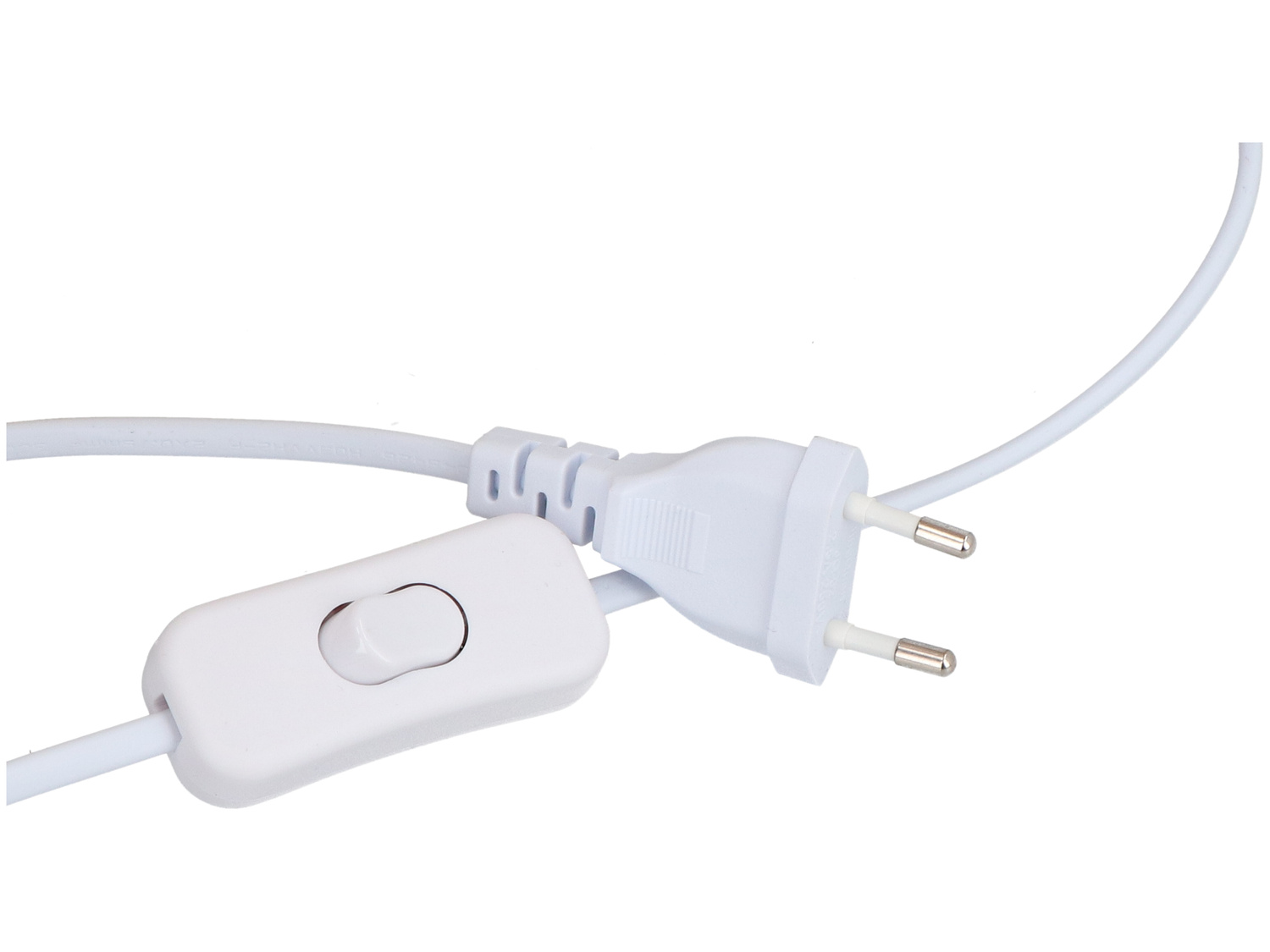 Biały kabel zasilający z wtyczką dwubolcową i przełącznikiem przewodowym.