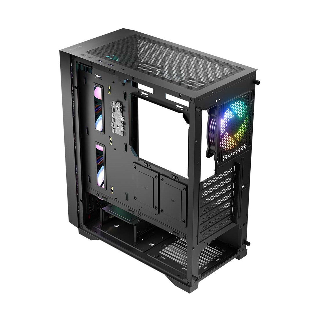 Wnętrze czarnej obudowy PC z wentylatorem RGB z tyłu i siatkowaną górą.