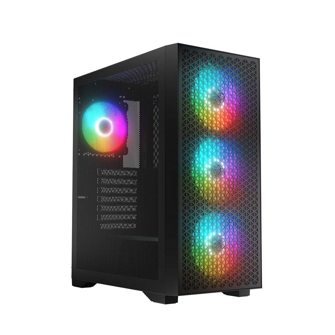 Czarna obudowa komputera z siatkowym panelem przednim i kolorowymi wentylatorami RGB.