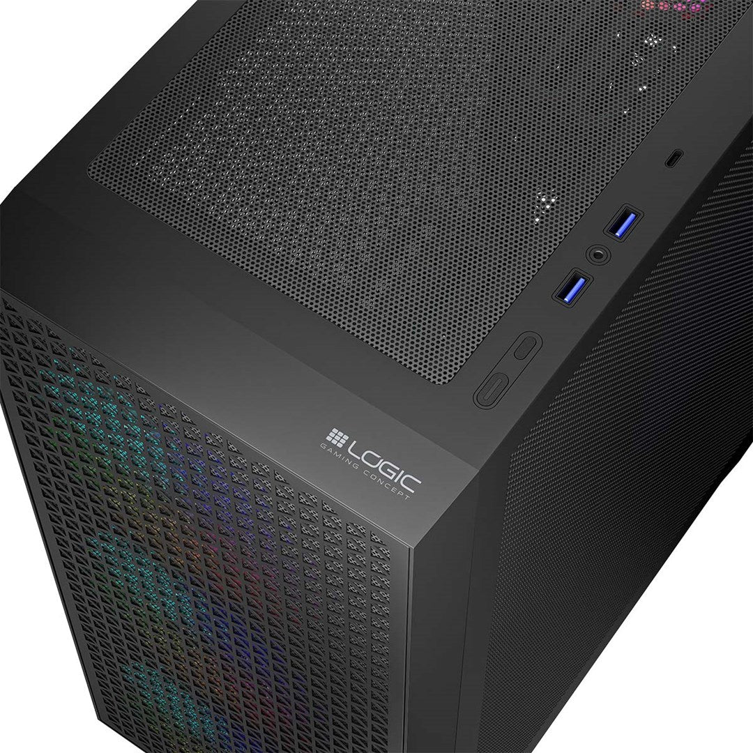 Czarna obudowa PC z siatkowym panelem górnym i portami I/O.