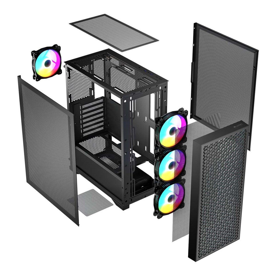Rzut rozstrzelony czarnej obudowy PC z panelami siatkowymi i czterema wentylatorami RGB.