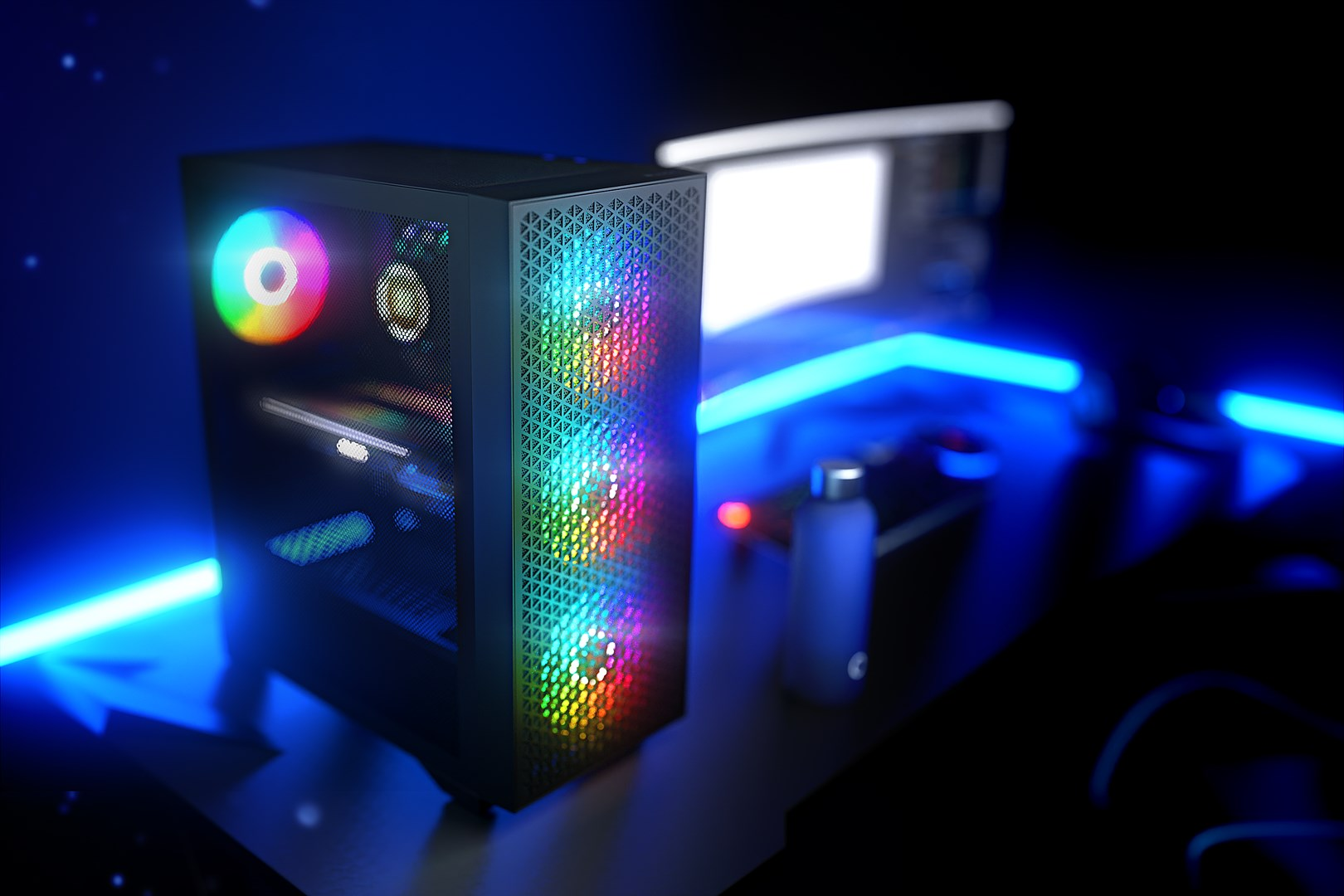 Czarny komputer gamingowy z podświetlanymi wentylatorami RGB i niebieskim oświetleniem stoi na biurku.