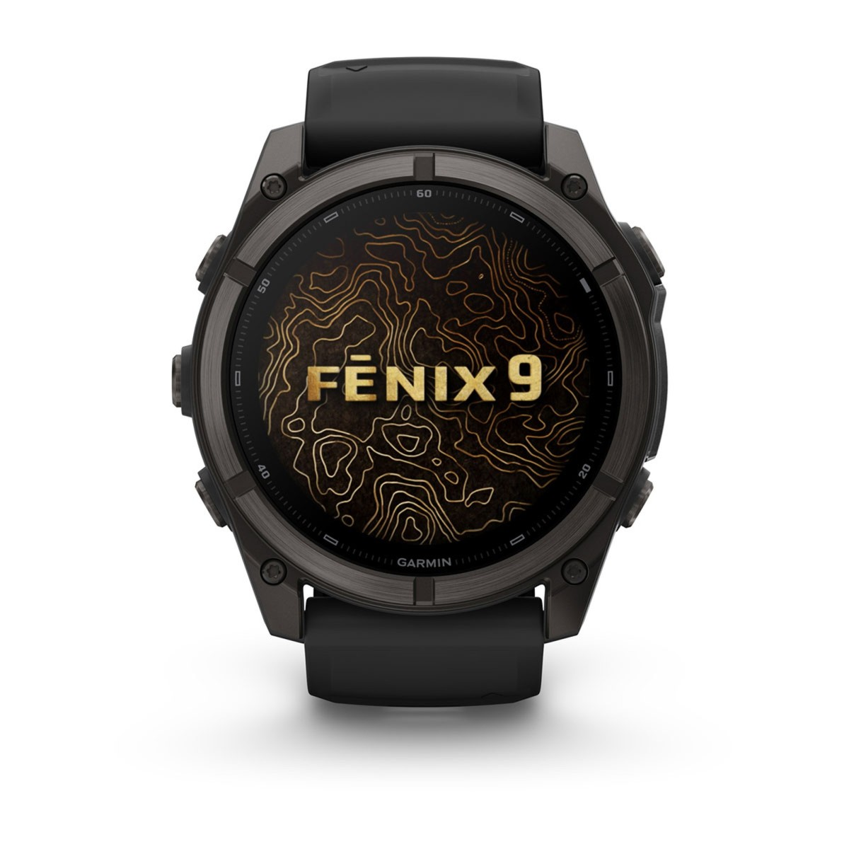 Un reloj inteligente Garmin Fenix 9 negro con esfera topográfica marrón.