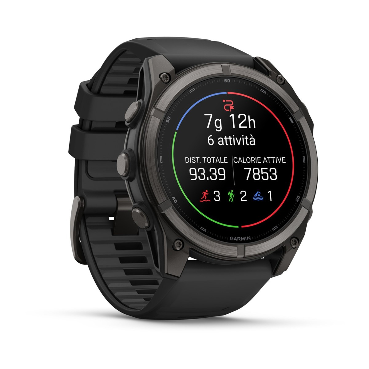 Reloj deportivo Garmin negro con datos de actividad en la esfera digital y correa de silicona sobre fondo blanco.