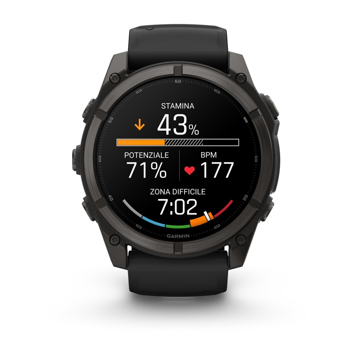 Un reloj deportivo Garmin negro muestra estadísticas vitales como 43% de estamina, 71% de potencial y 177 PPM.