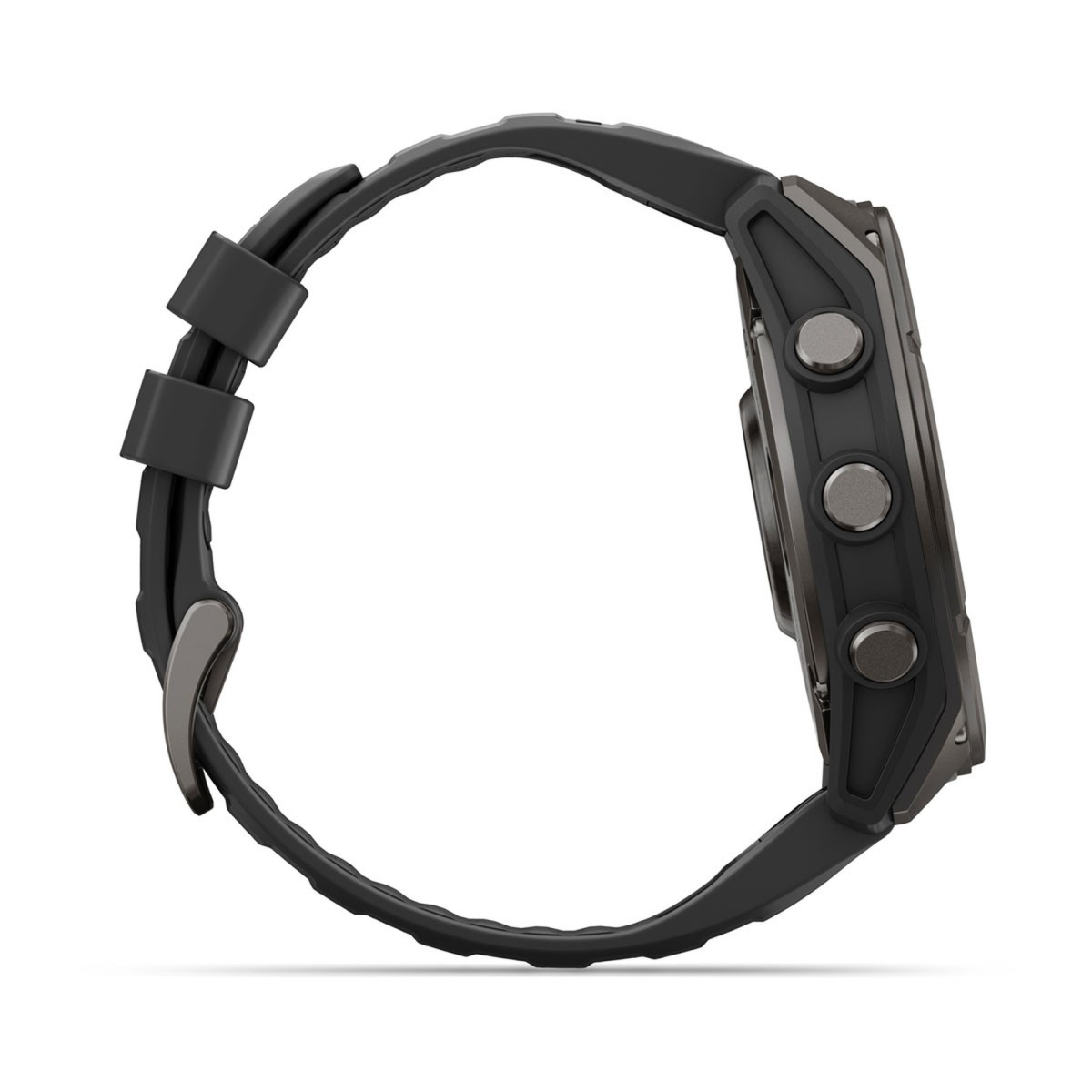 Vista lateral de un reloj deportivo negro con tres botones y correa de silicona sobre fondo blanco.