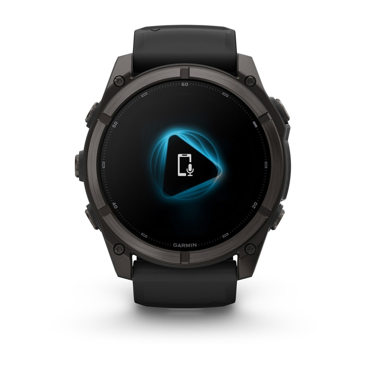 Un reloj inteligente Garmin negro con una pantalla redonda que muestra un icono gráfico azul en el centro sobre fondo blanco.