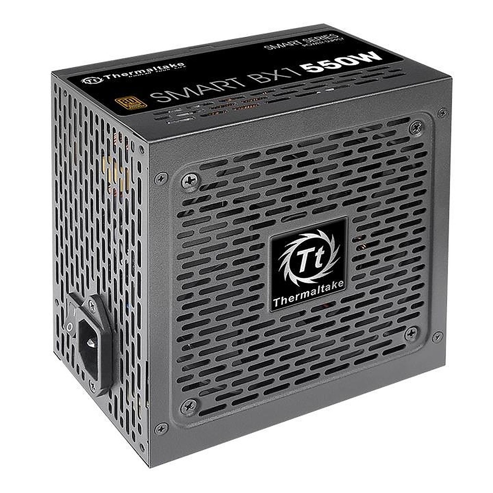 Czarny zasilacza komputerowy Thermaltake Smart BX1 550W z kratkami wentylacyjnymi.