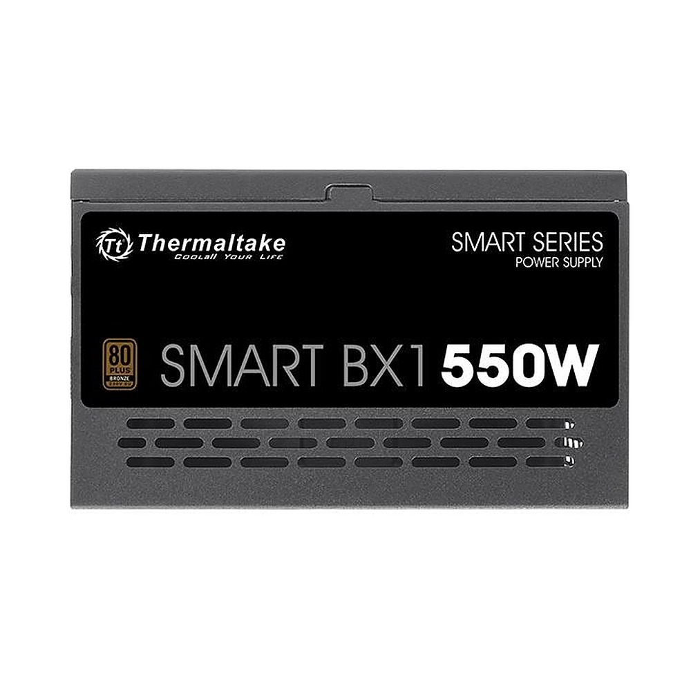 Szary zasilacza komputerowego Thermaltake Smart BX1 550W z szczelinami.