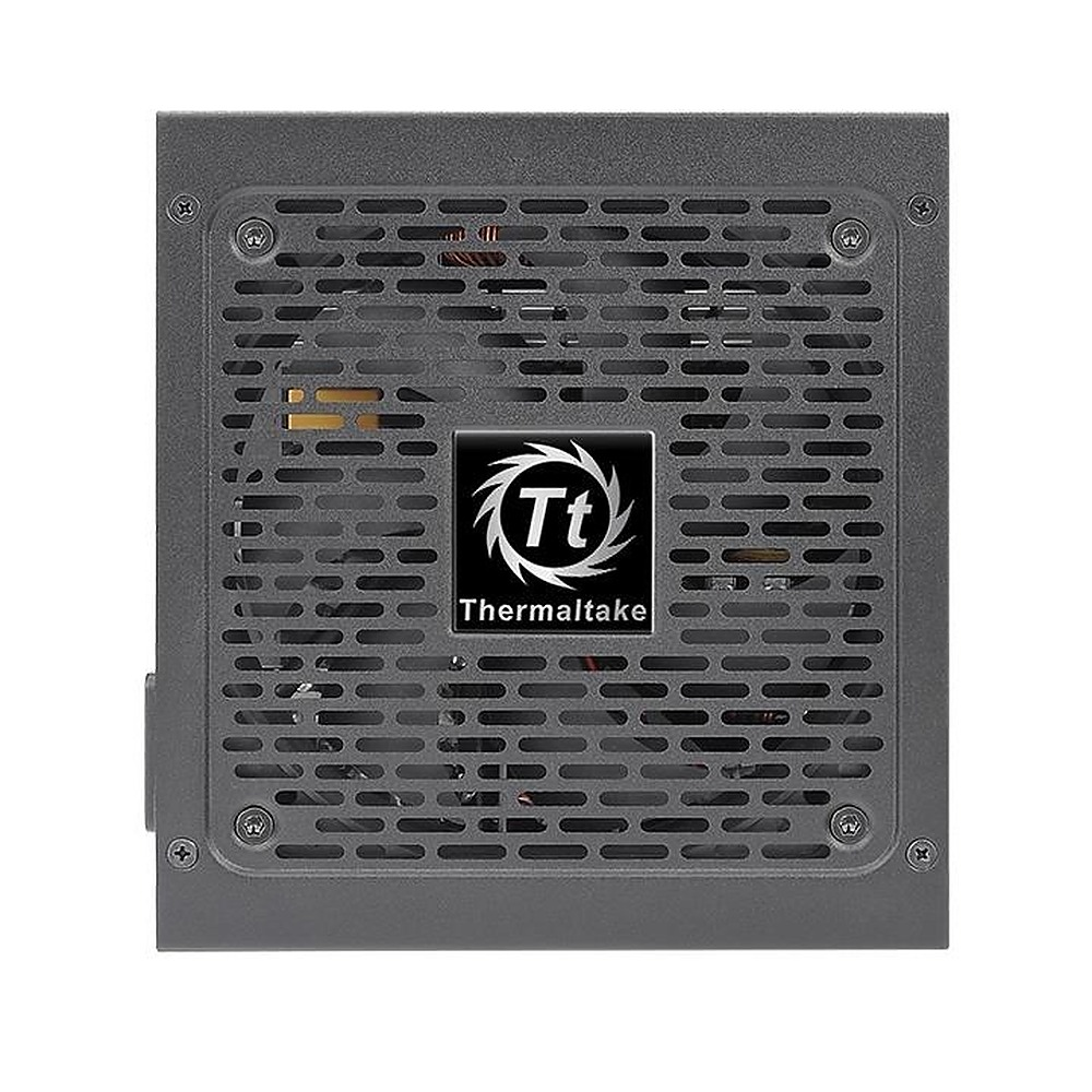Szary zasilacz komputerowy Thermaltake z czarną kratką wentylacyjną i logo Tt.