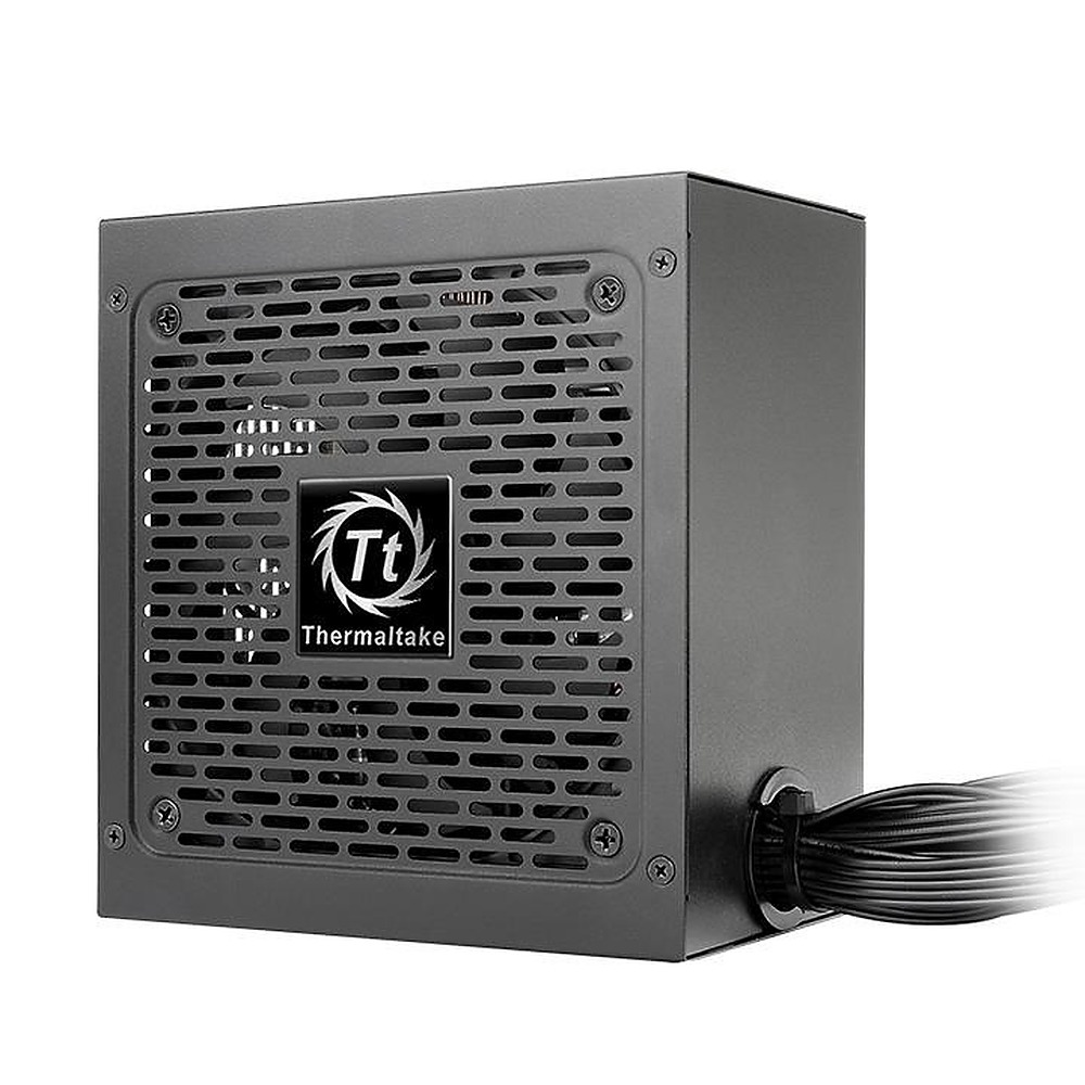 Czarny zasilacz komputerowy Thermaltake z kratką i kablami.