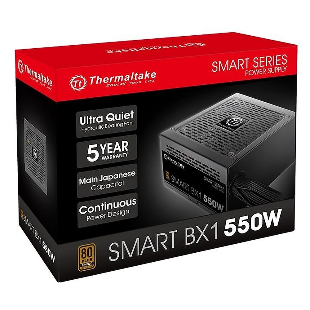 Zasilacze Thermaltake Smart BX1 550W w czerwono-czarnym pudełku z cechami.